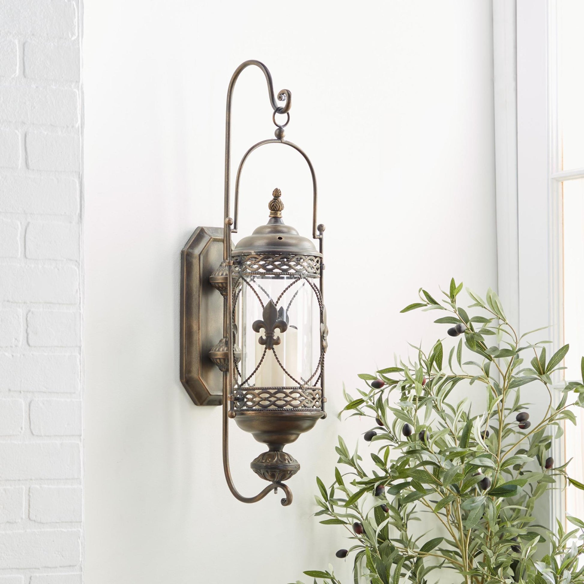Fleur De Lis Metal Suspended Studded Single Candle Indoor Outdoor Wall Sconce with Scroll Details