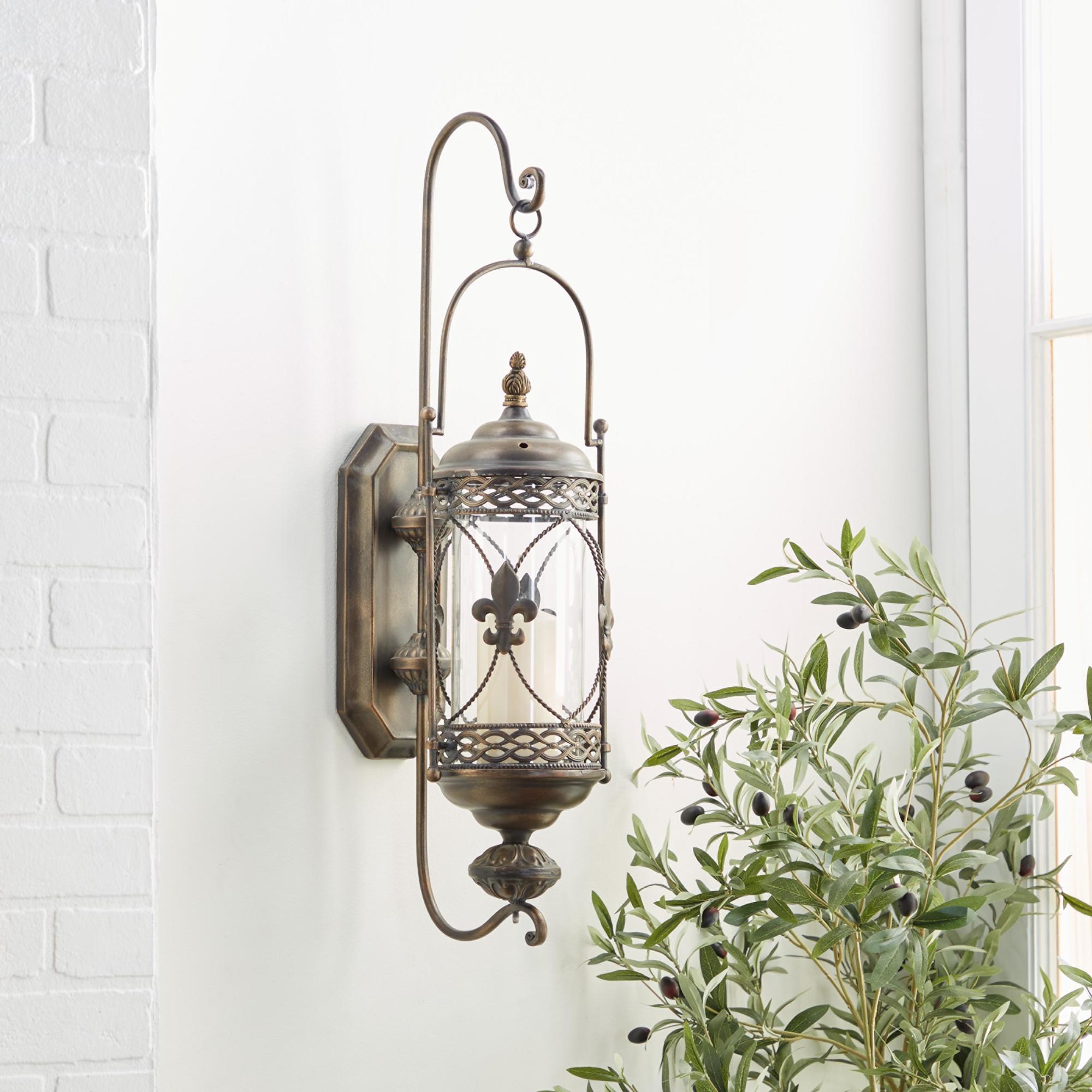 Fleur De Lis Metal Suspended Studded Single Candle Indoor Outdoor Wall Sconce with Scroll Details