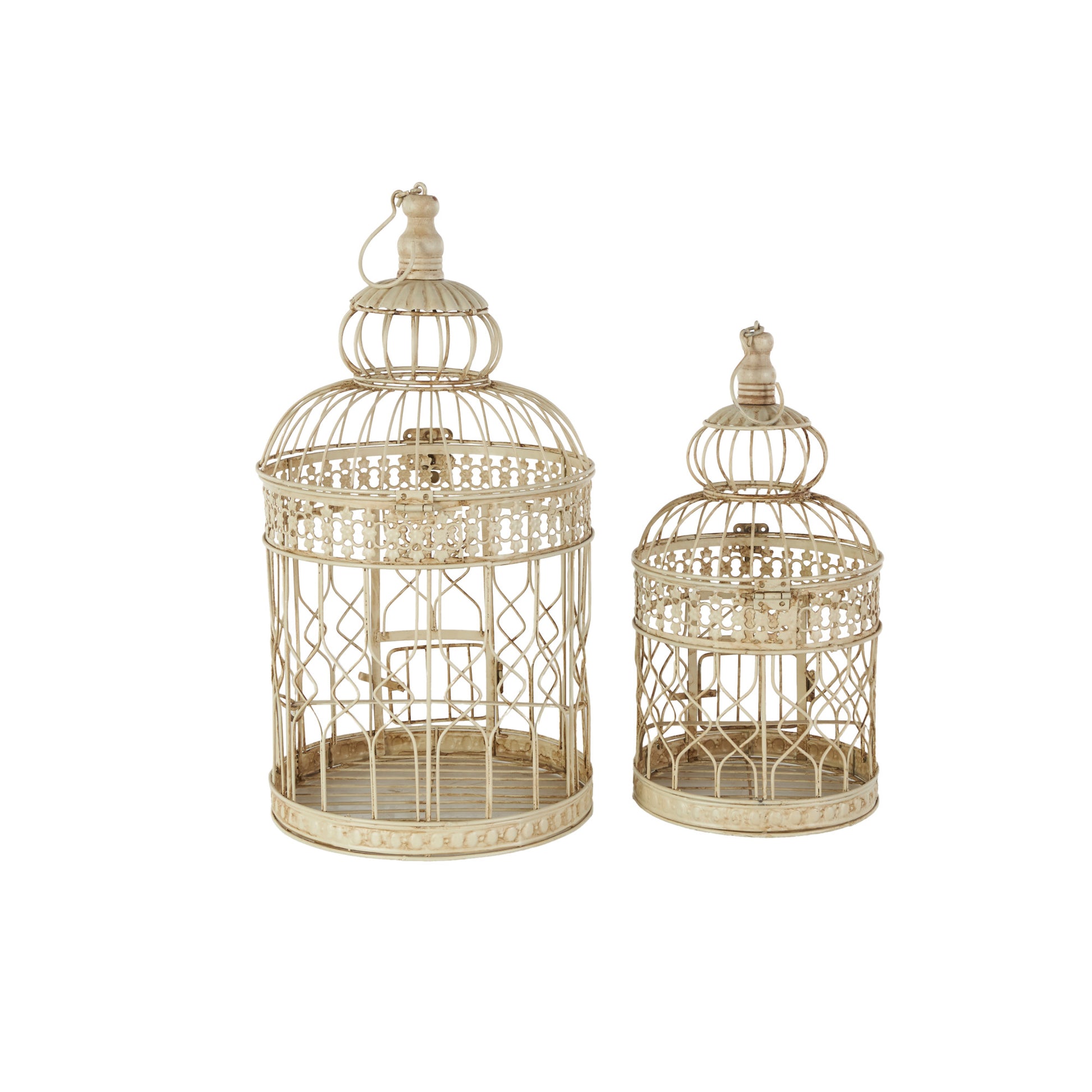 Set of 2 Cream Metal Hinged Top Decorative Birdcage with Latch Lock Closure and Hanging Hook