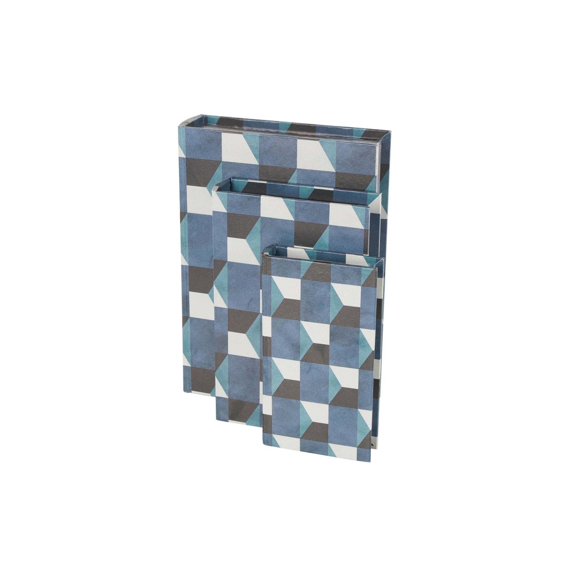 Set of 3 Geometric Blue Faux Leather Faux Book Storage Decorative Box with Black and White Accents