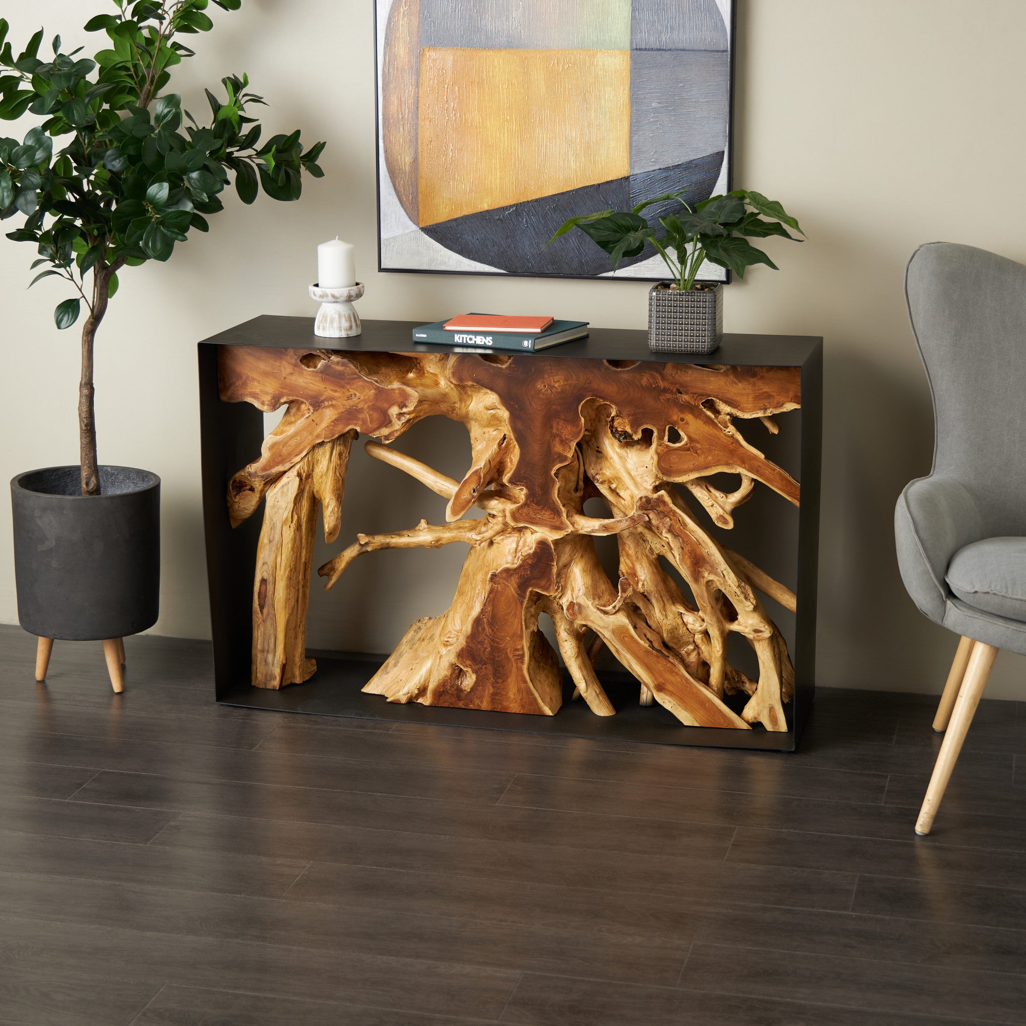 Brown Teak Wood Handmade Live Edge Tree Trunk Living Room Console Table with Black Frame