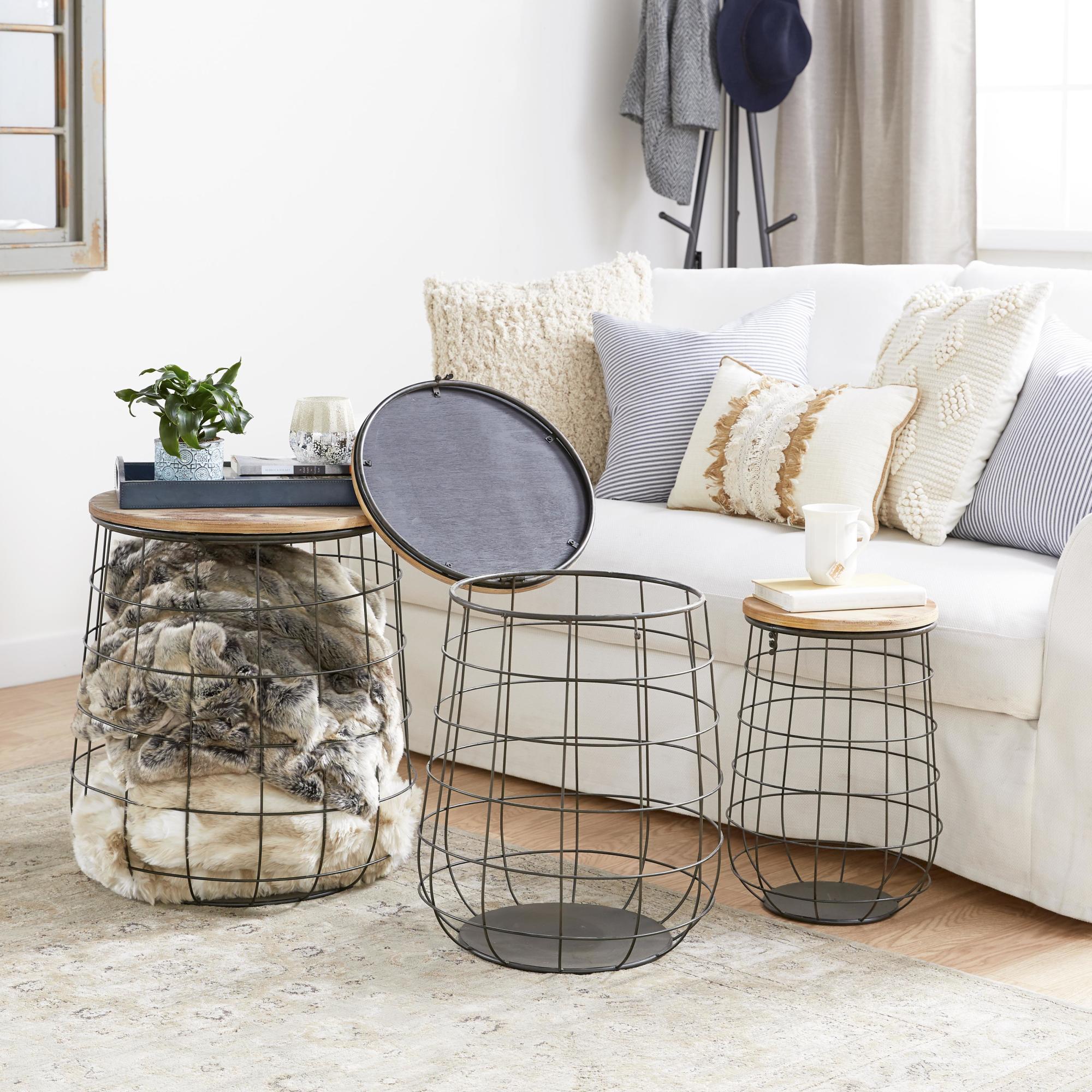 Set of 3 Black Metal Caged Decorative and Functional Storage Basket with Wooden Lift Top Lids