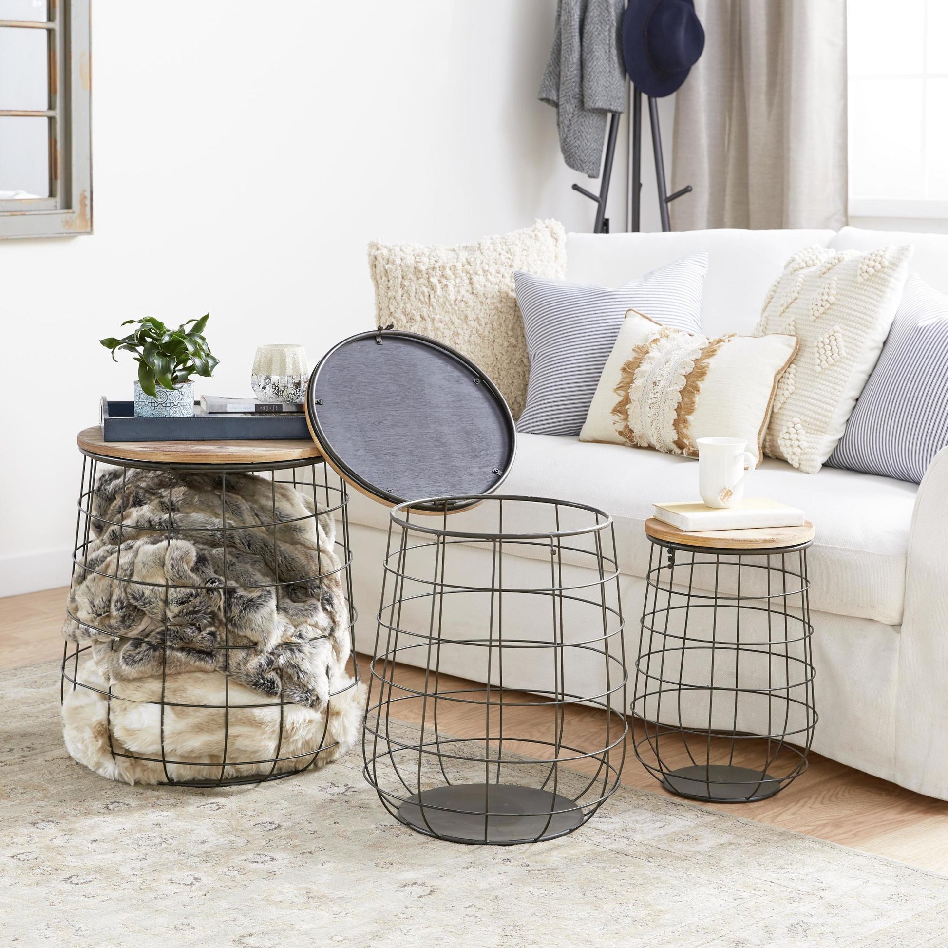 Set of 3 Black Metal Caged Decorative and Functional Storage Basket with Wooden Lift Top Lids