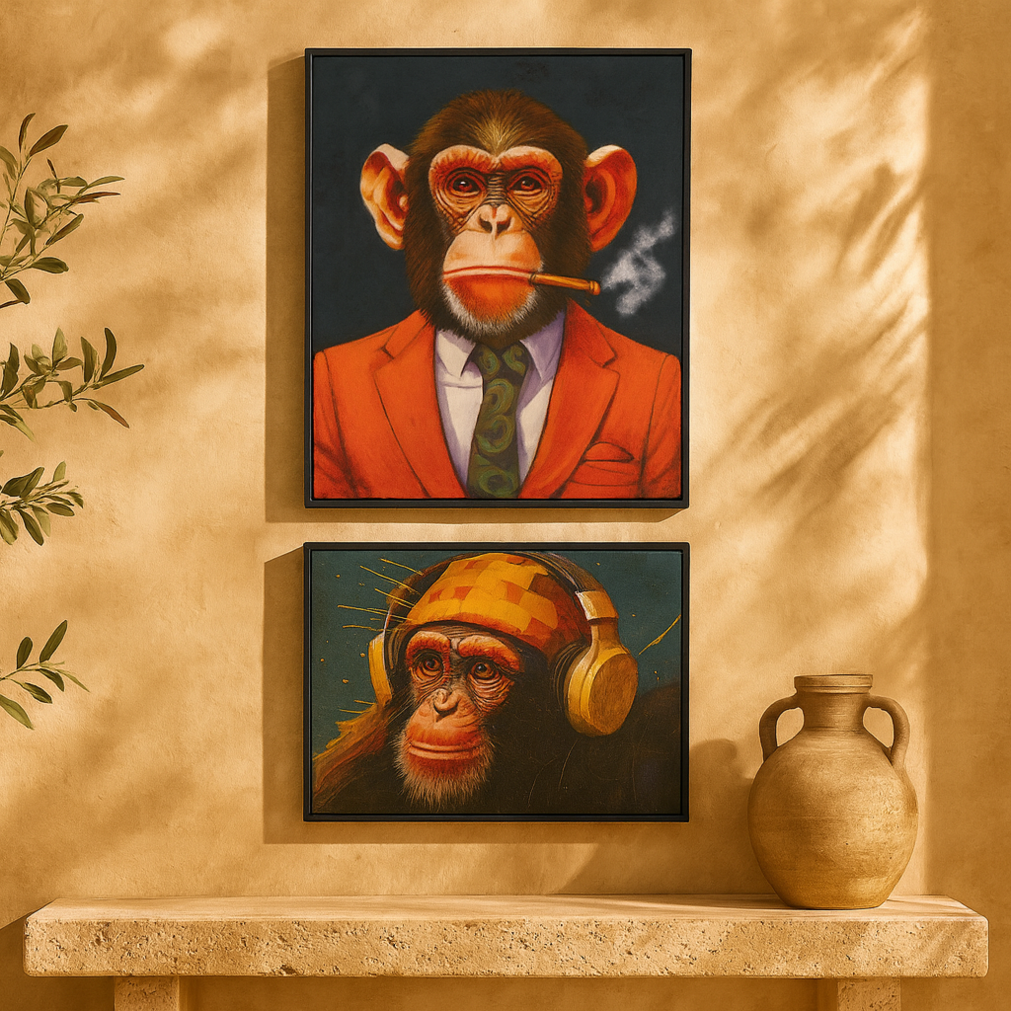 Set of 2 Monkey Multi Colored Canvas Business Living Room Framed Wall Art with Cigar and Headphones
