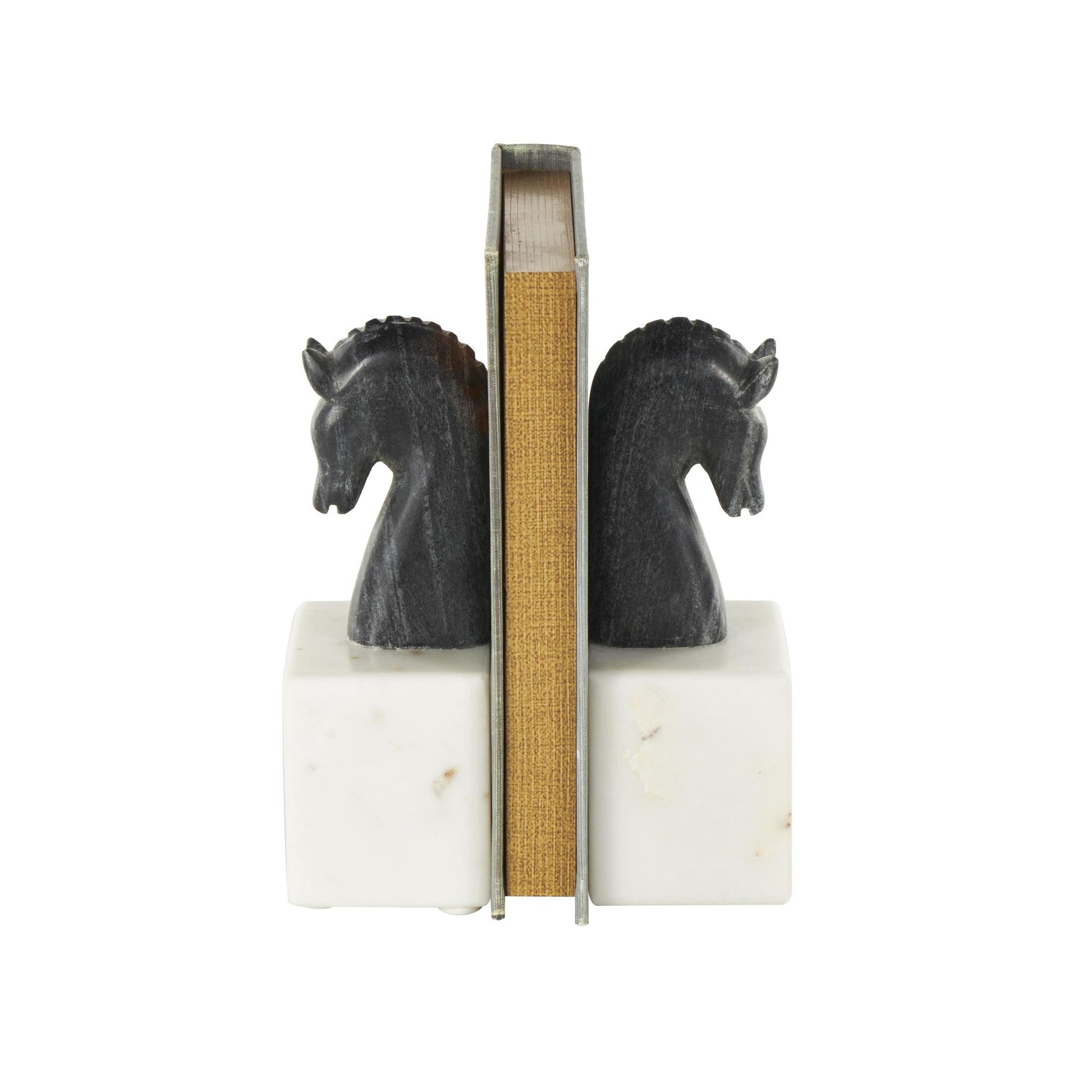 Set of 2 Horse Black Marble Distressed Decorative Bookends with White Block Bases