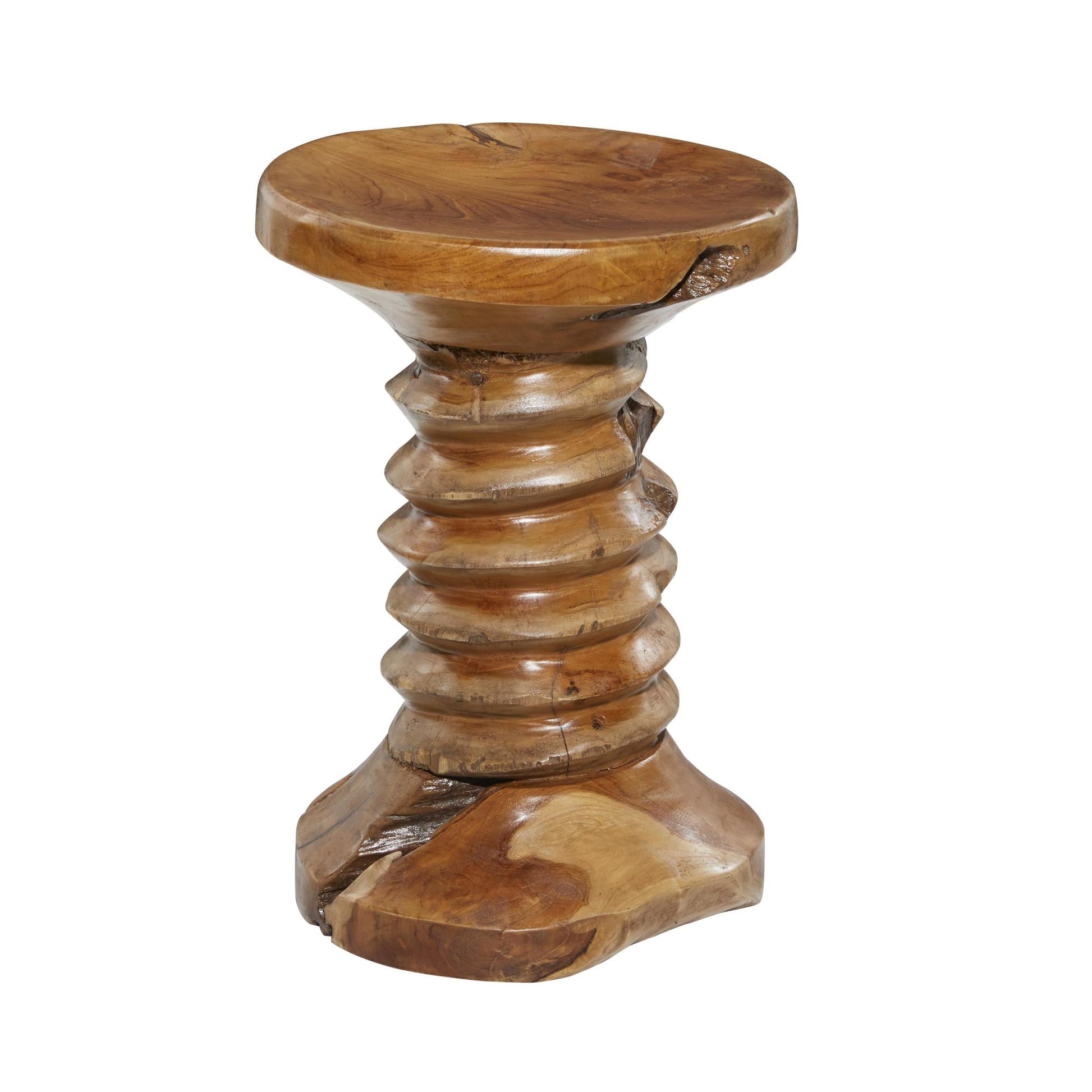 Brown Teak Wood Handmade Live Edge Side End Accent Table with Coiled Base