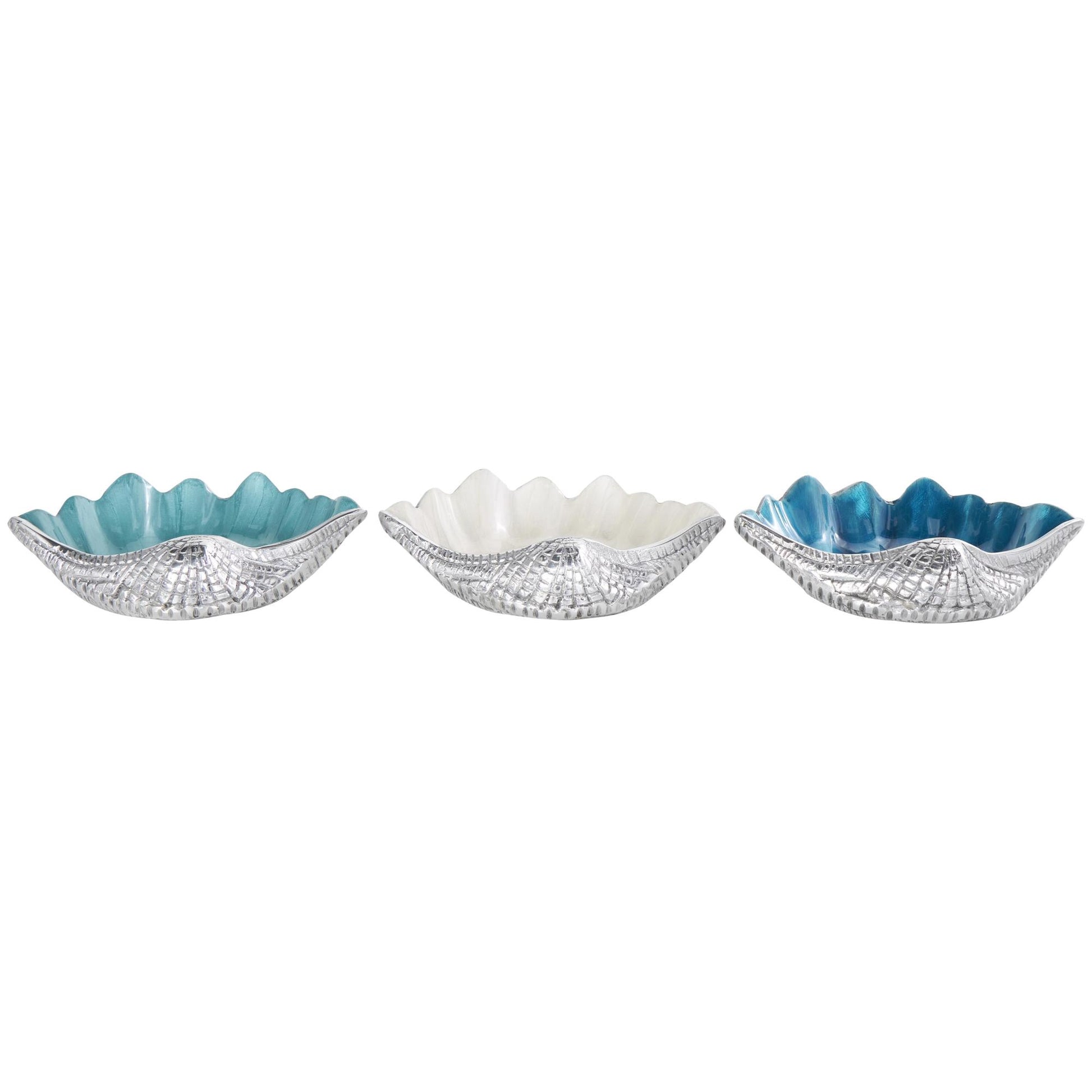 Set of 3 Shell Multi Colored Aluminum Metal Handmade Enameled Large Decorative Bowl with Textured Silver Bases
