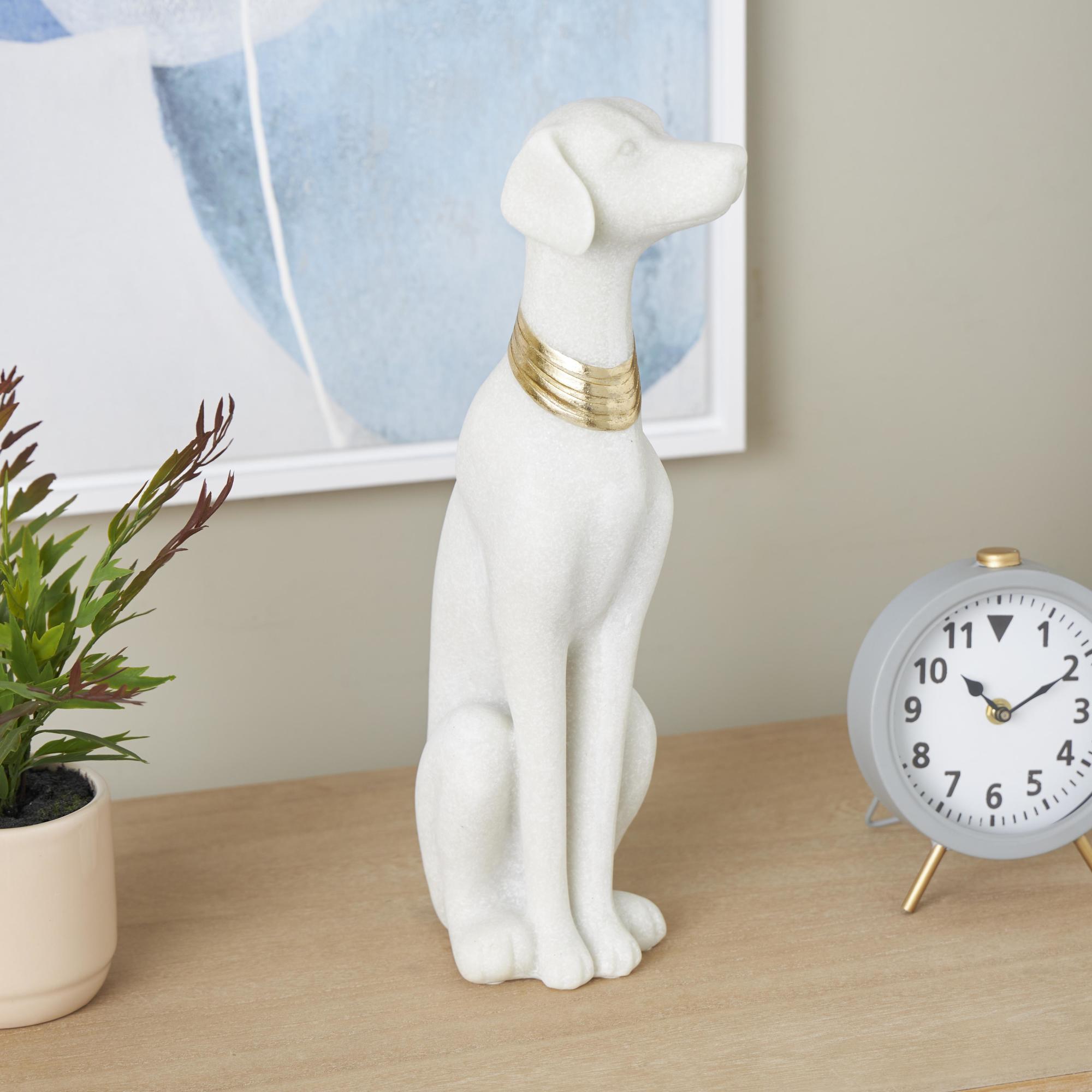 Dog Cream Polystone Sitting Decorative Sculpture with Gold Collar