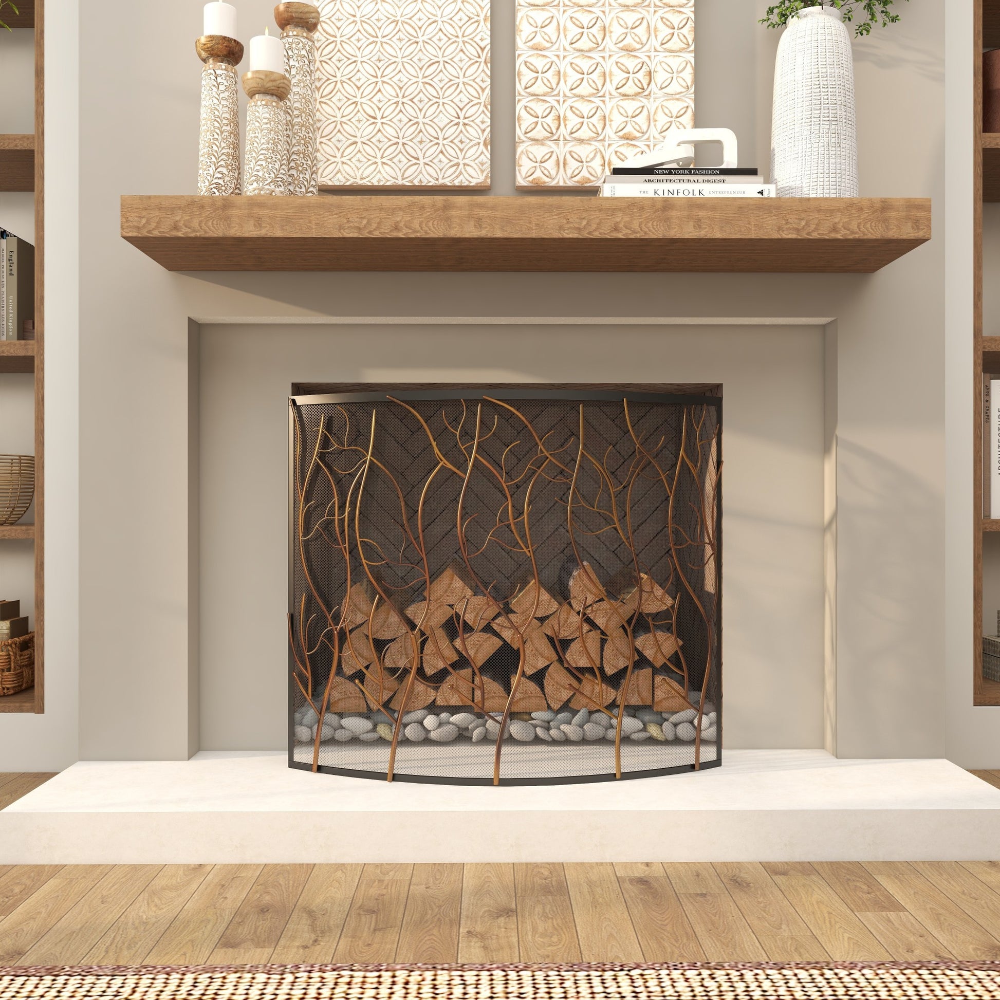 Tree Brass Metal Branch Single Panel Living Room Fireplace Screen with Mesh Netting