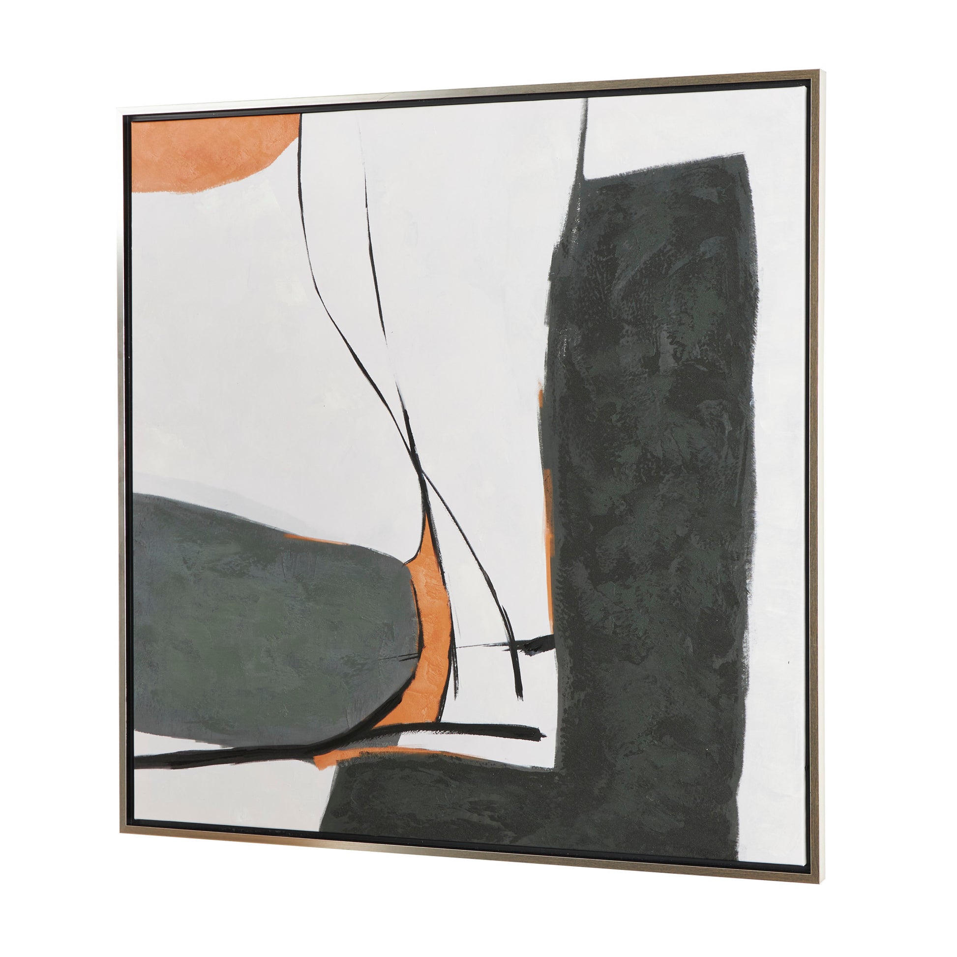 Abstract Green Canvas Line and Shape Living Room Framed Wall Art with Orange Accents