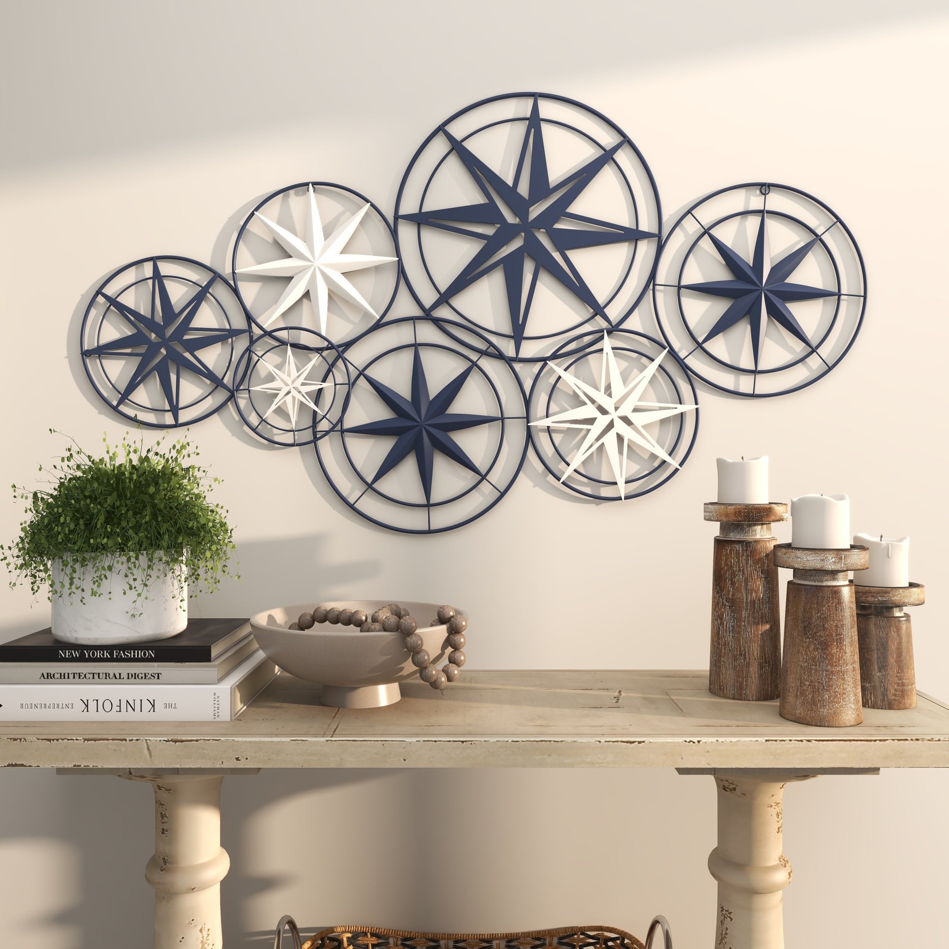 Star Blue Metal Indoor Outdoor Cutout Compass Home Wall Decor with Overlapping Frames