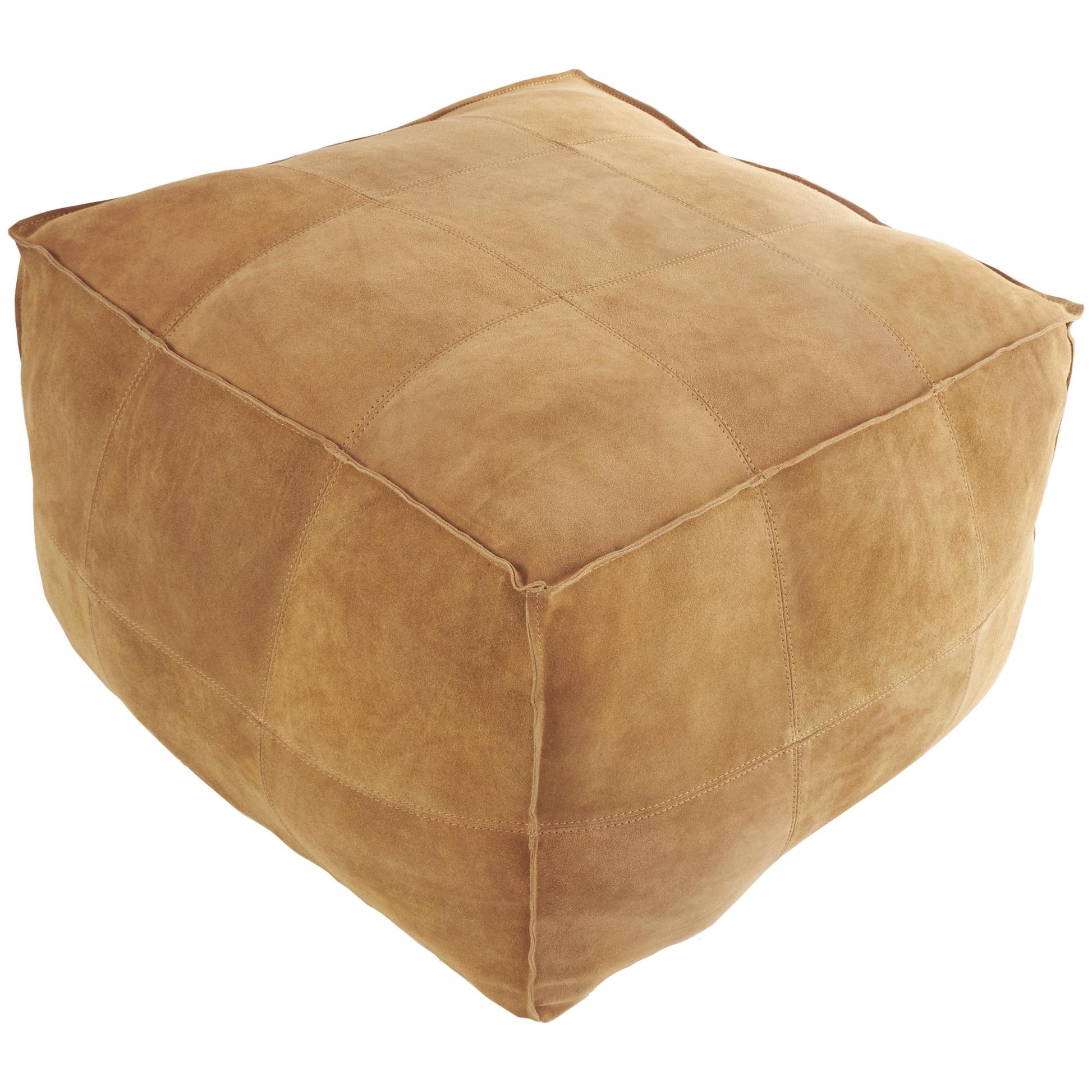 Leather Low Profile Square Stuffed Pouf with Patchwork Design