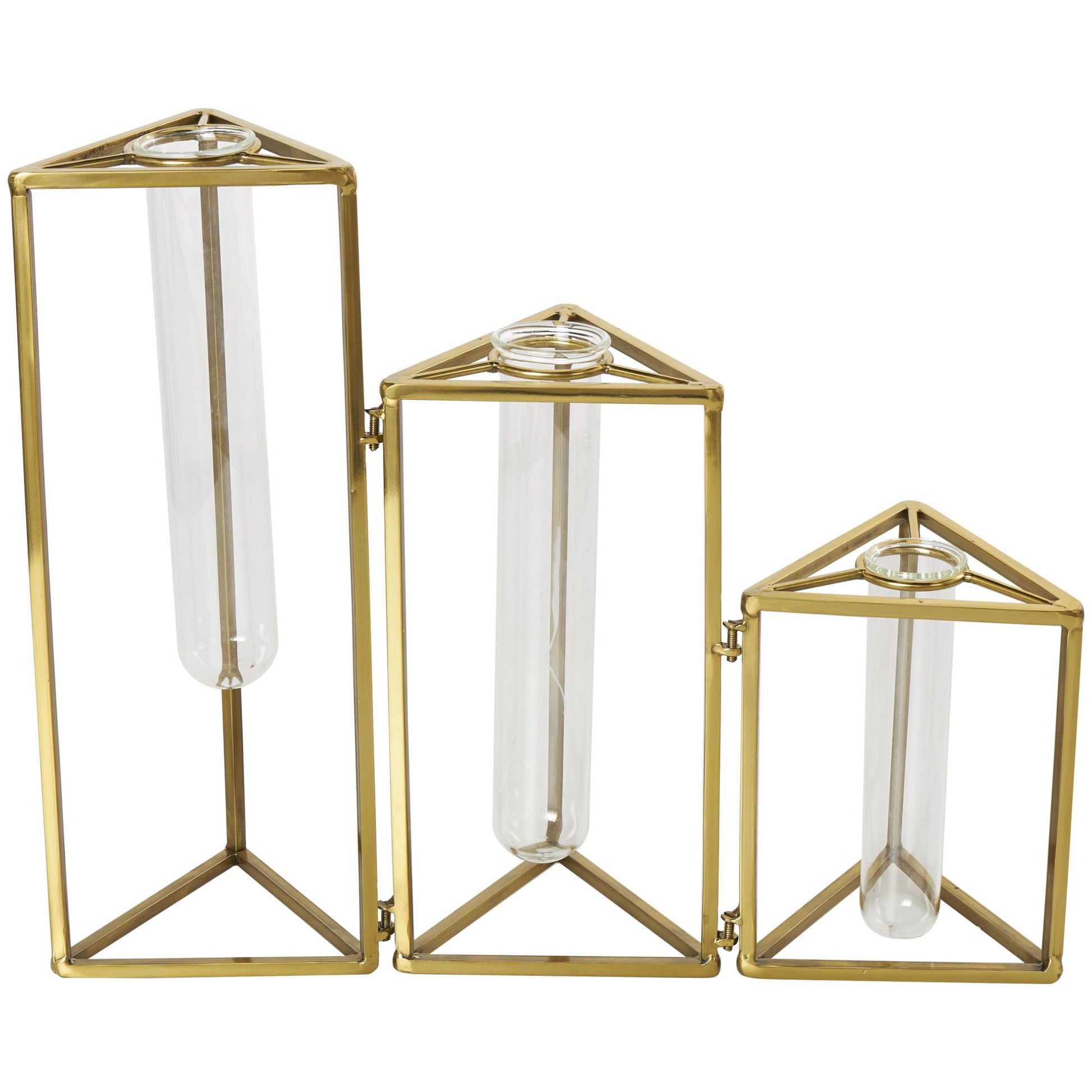 Geometric Gold Stainless Steel Metal Foldable Test Tube Bud Decorative Vase with Triangular Frames
