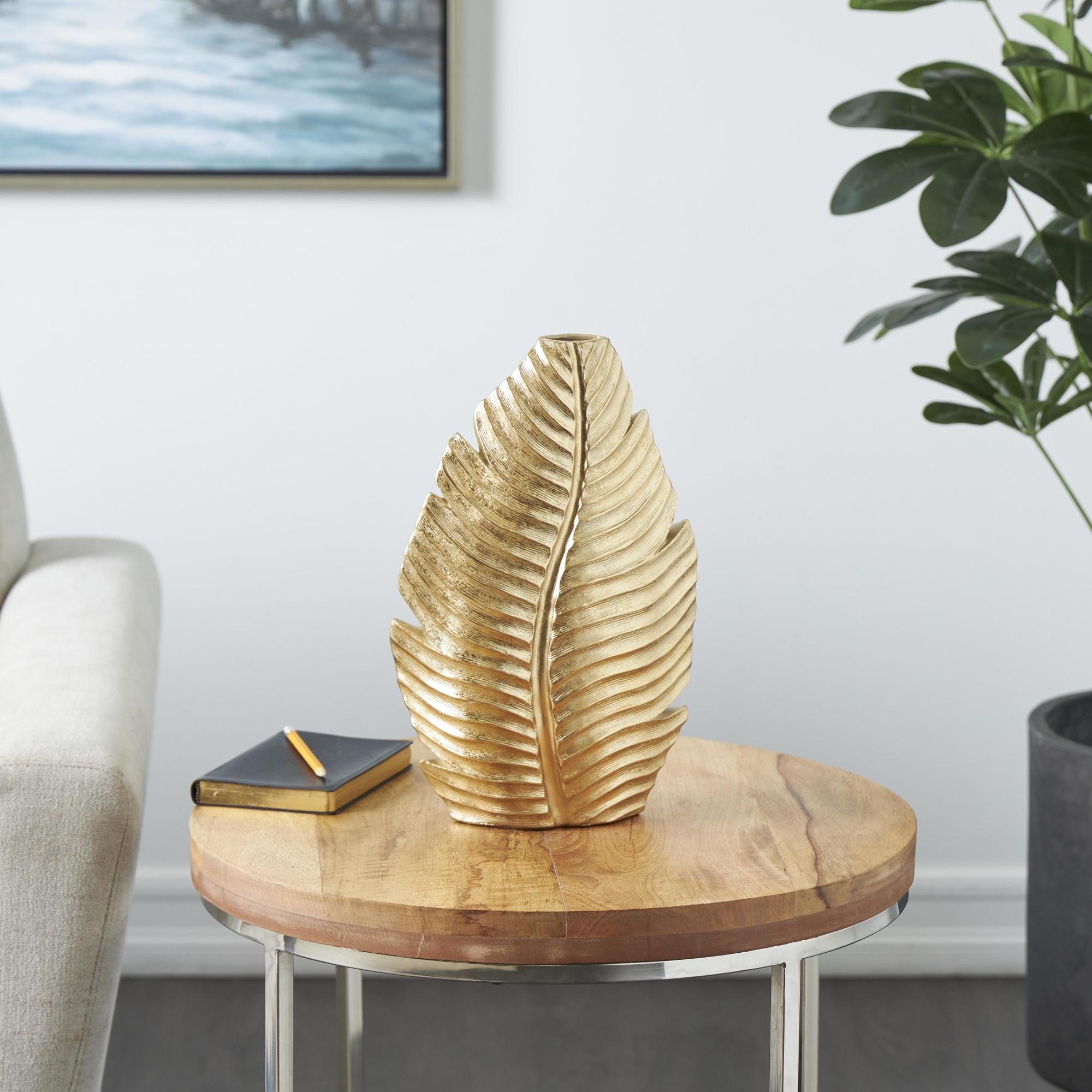 Leaf Gold Polystone Curved Metallic Decorative Vase