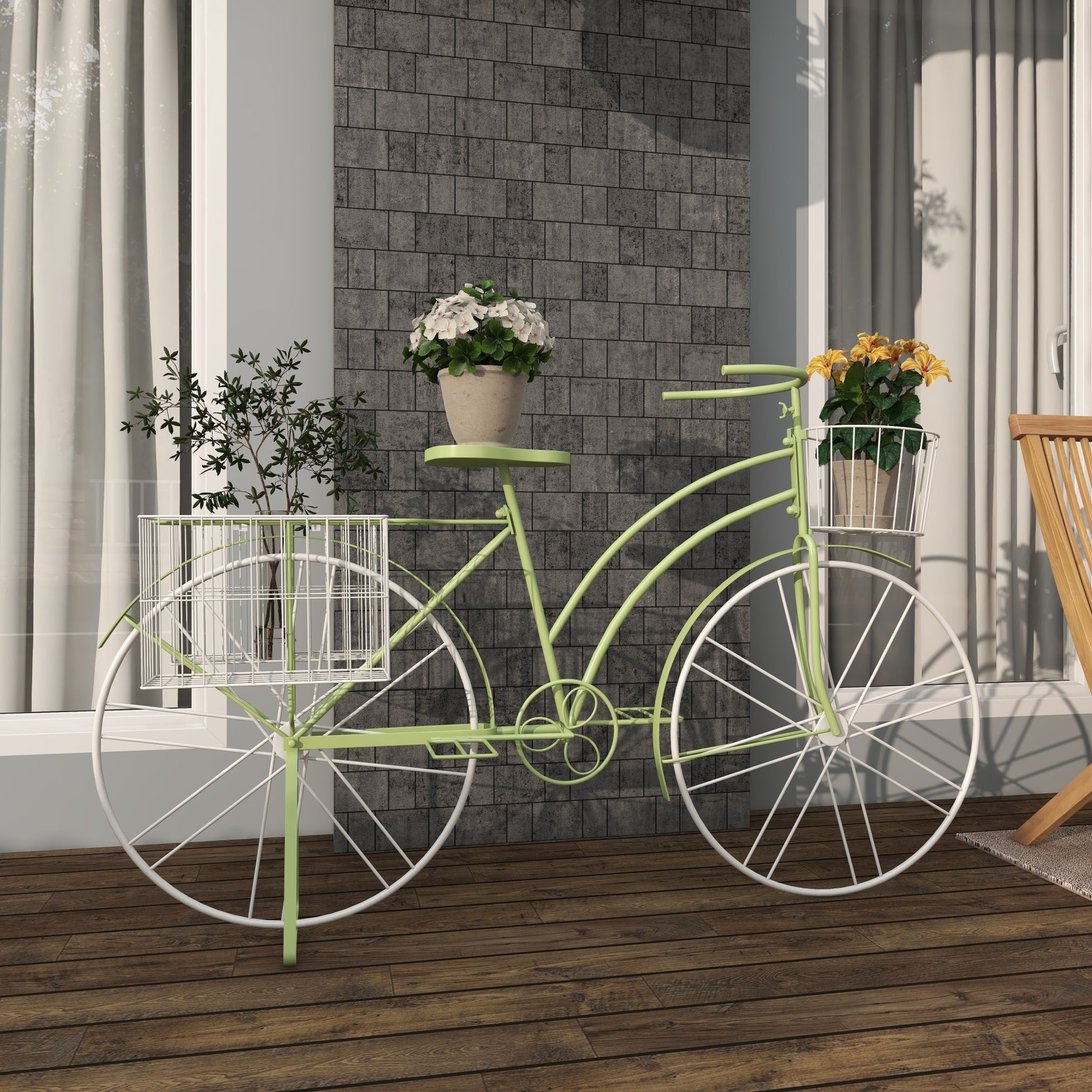 Bike Green Metal Indoor Outdoor Plantstand with Basket and Saddle Bag Planters