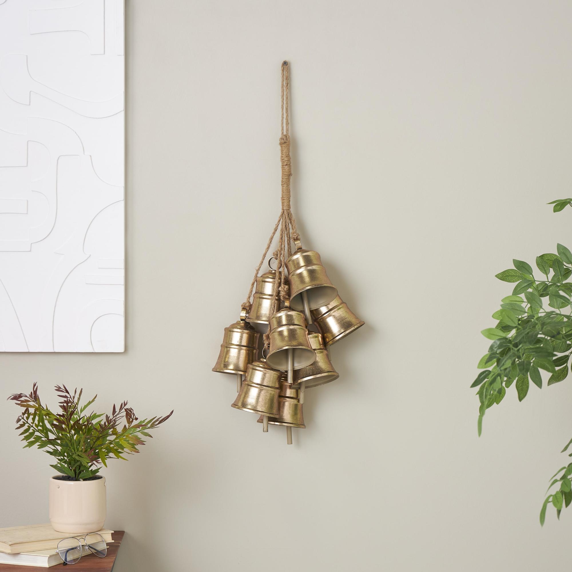 Gold Metal Tibetan Inspired Cascading Cluster Indoor Outdoor Decorative Bells with 8 Bells on Jute Hanging Rope