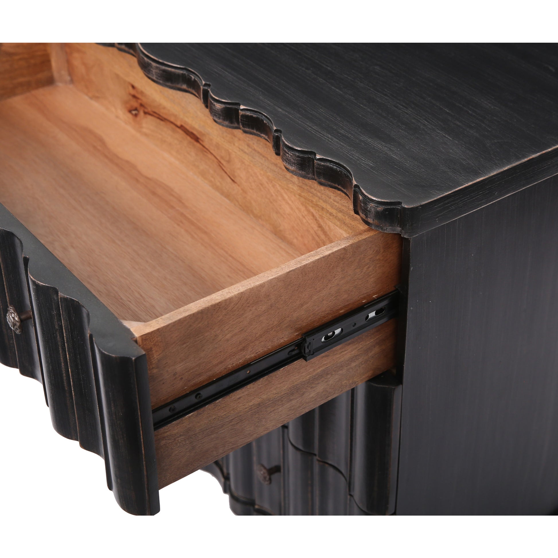 Black Mango Wood Distressed Scalloped 3 Drawer Room Chest with Vintage Knobs and Ball Feet