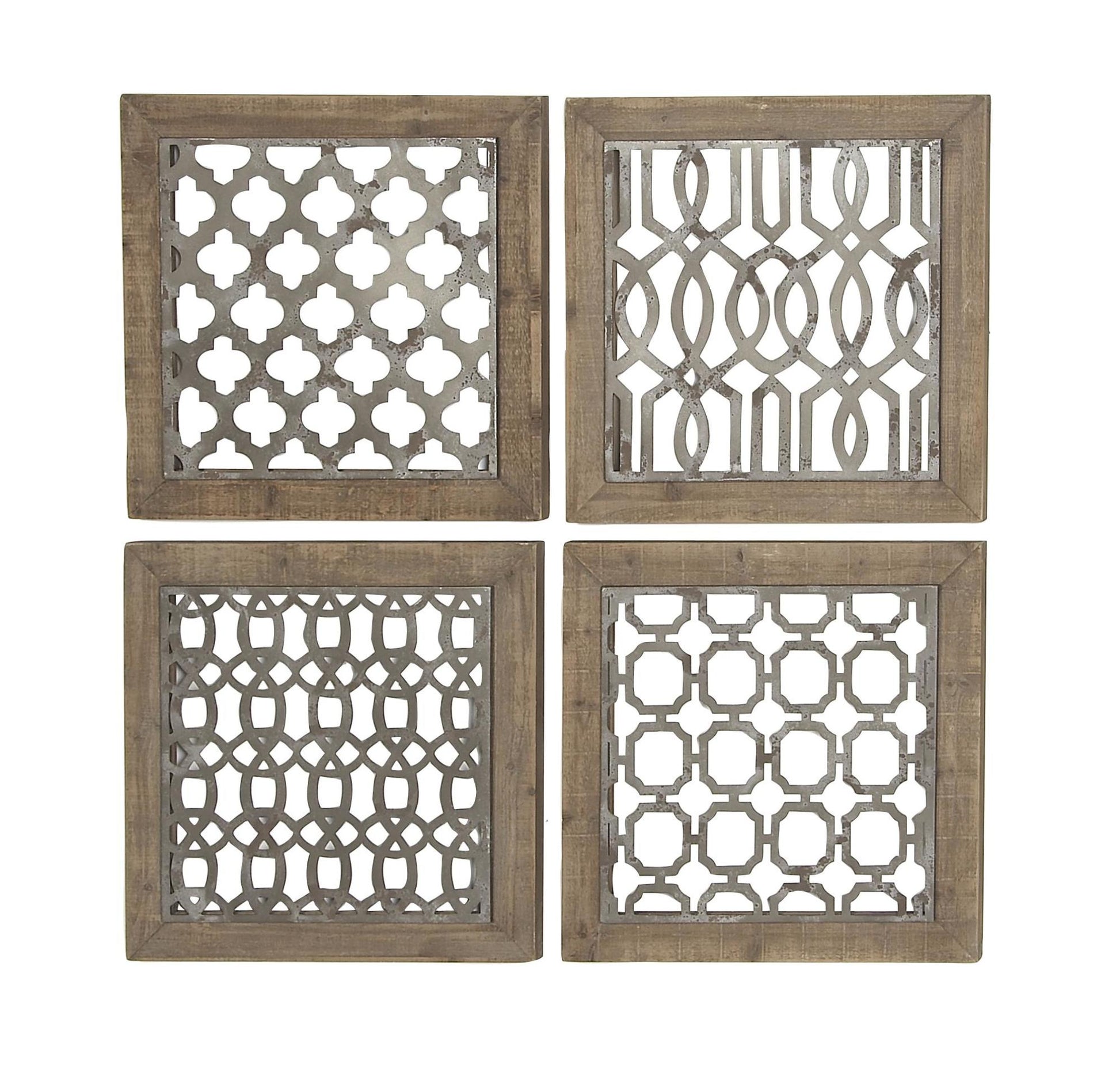 Set of 4 Geometric Brown Wood Home Wall Decor with Silver Metal Trellis Cutouts