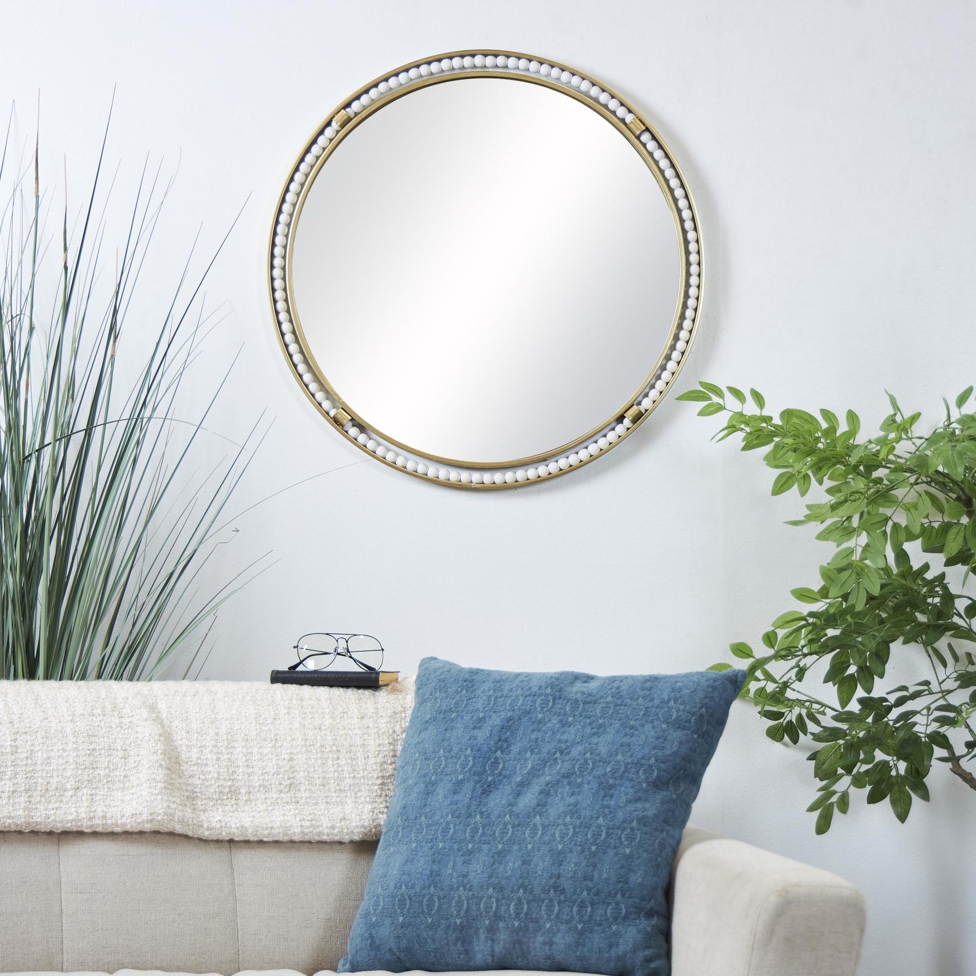 Gold Metal Room Wall Mirror with White Wood Beading
