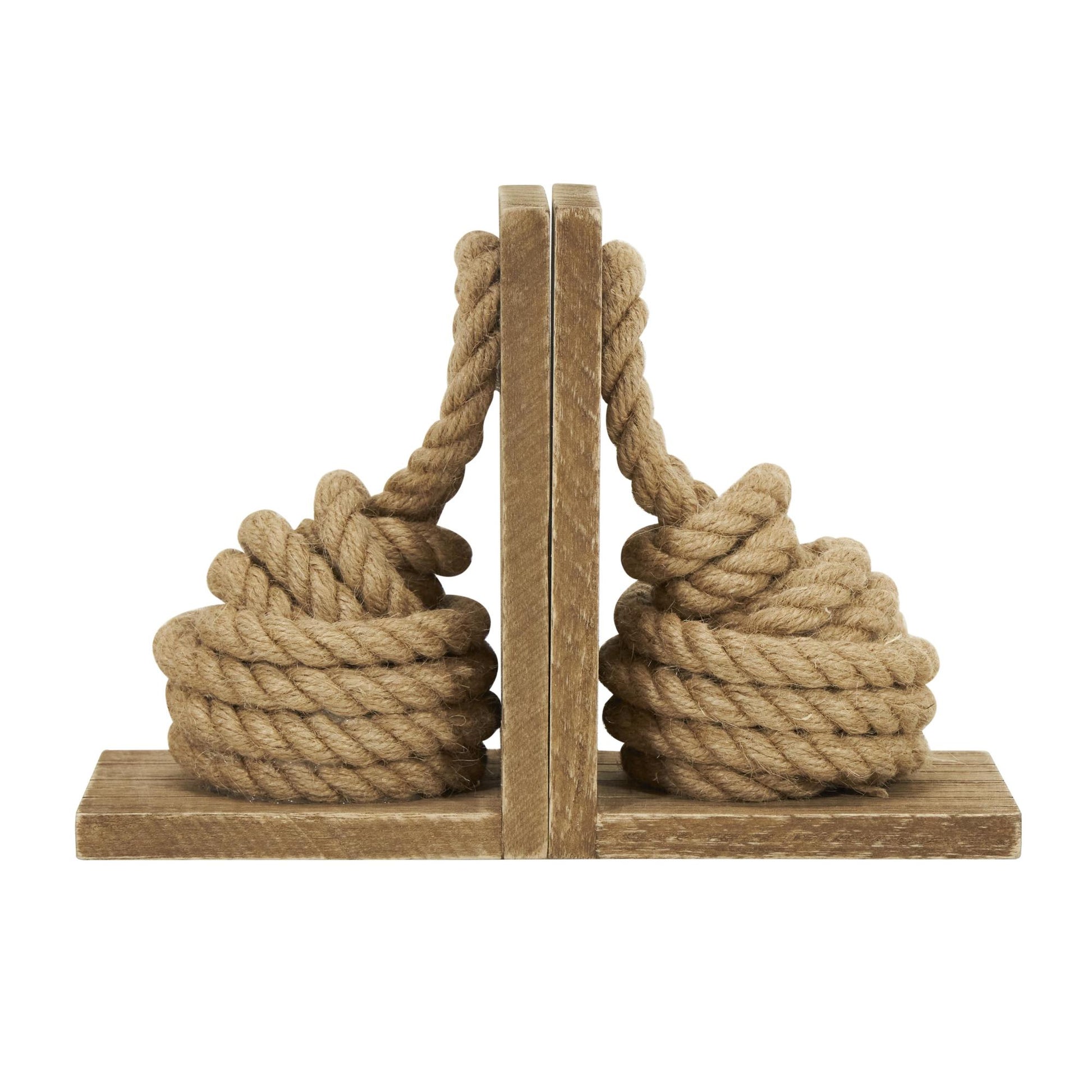 Set of 2 Knot Brown Wood Rope Decorative Bookends with Distressed L-Shaped Stands