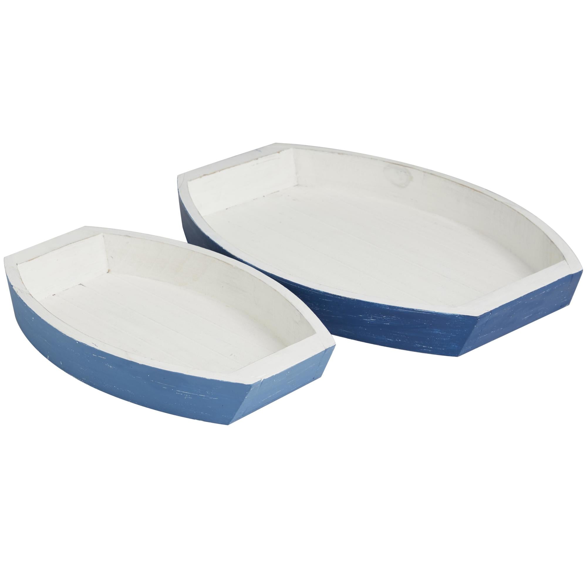 Set of 2 Boat Blue Wood Handmade Distressed Two Toned Living Room Decor Tray