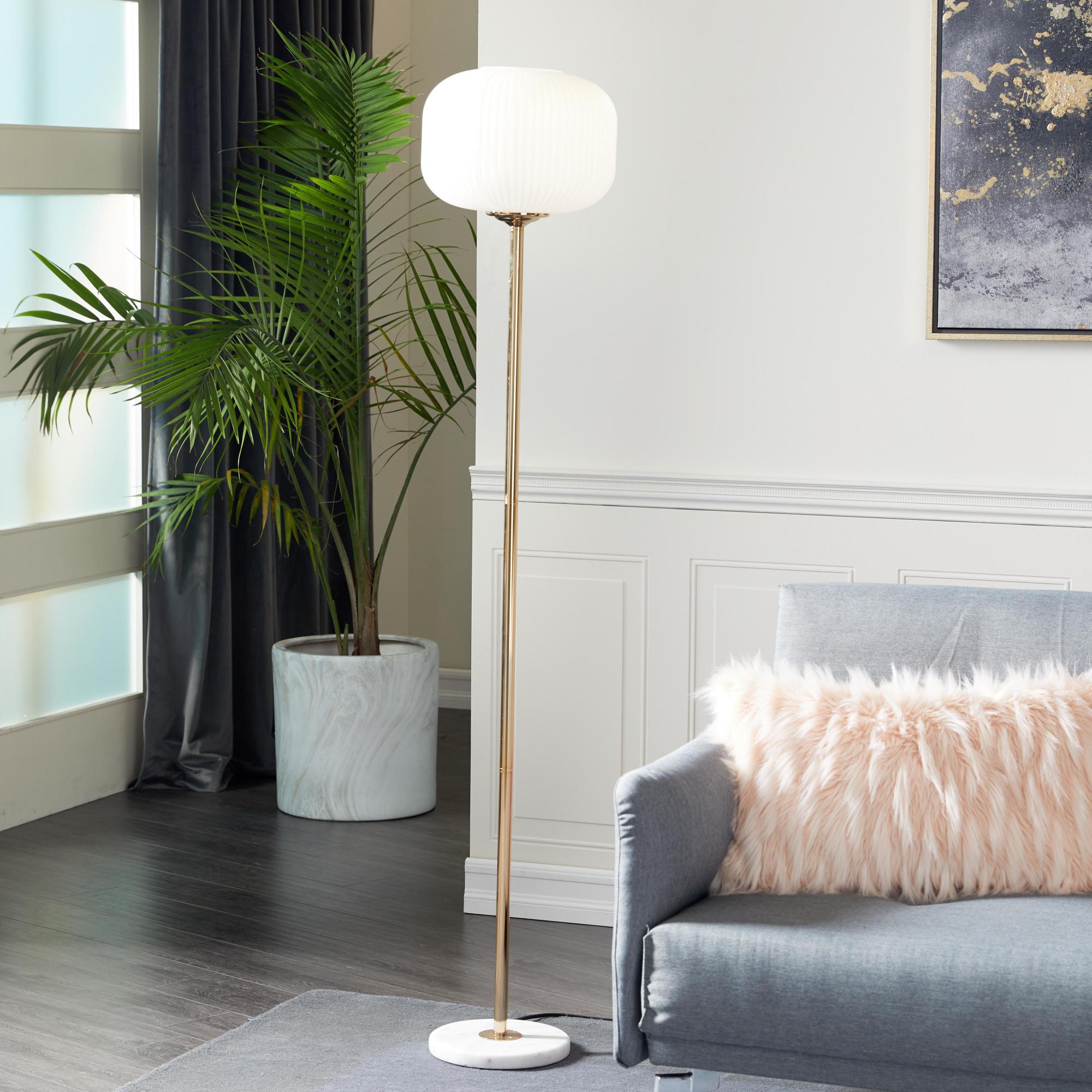 CosmoLiving by Cosmopolitan Gold Metal Room Floor Lamp with White Round Ribbed Shade
