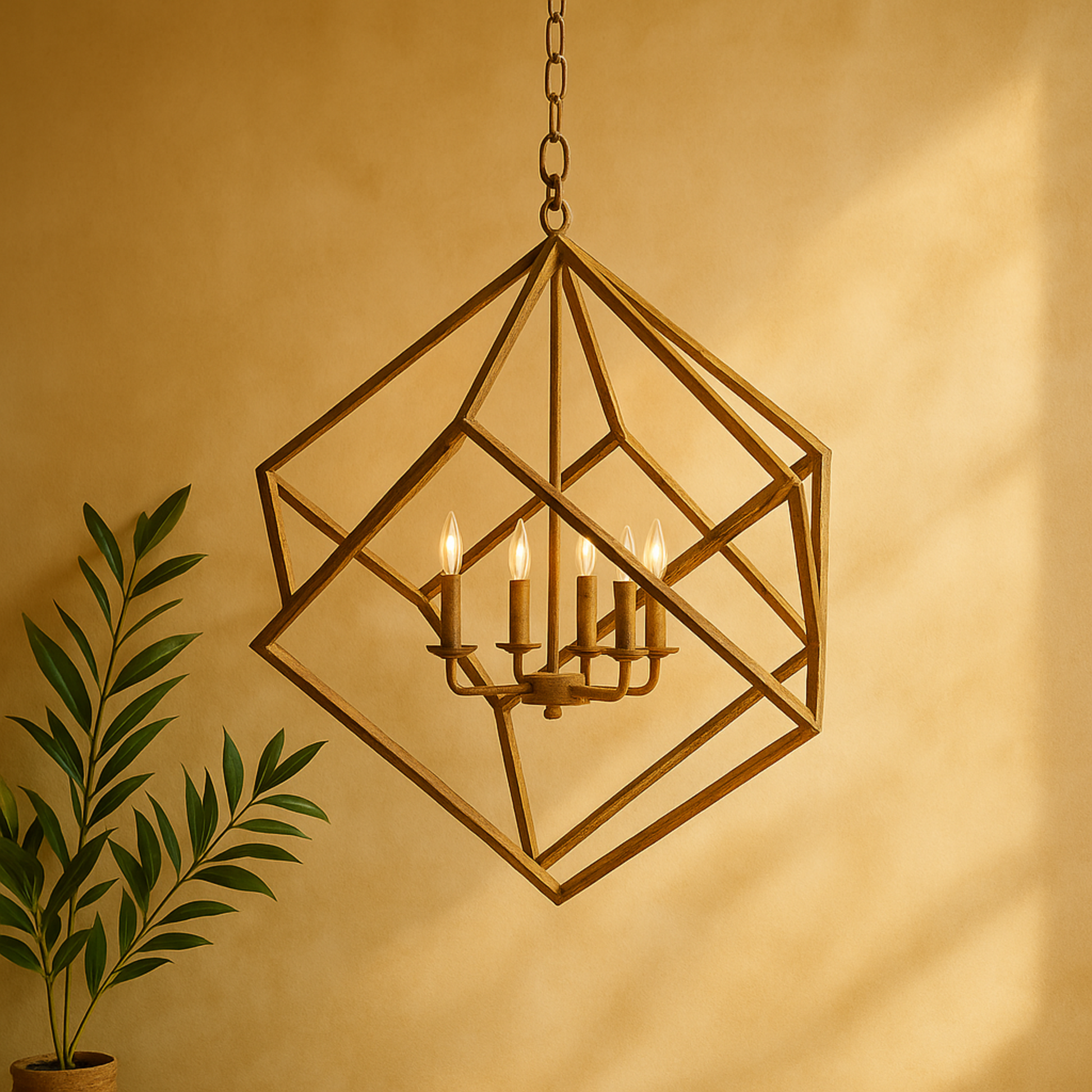 Geometric Gold Metal Caged 4 Light Room Chandelier with Link Style Chain