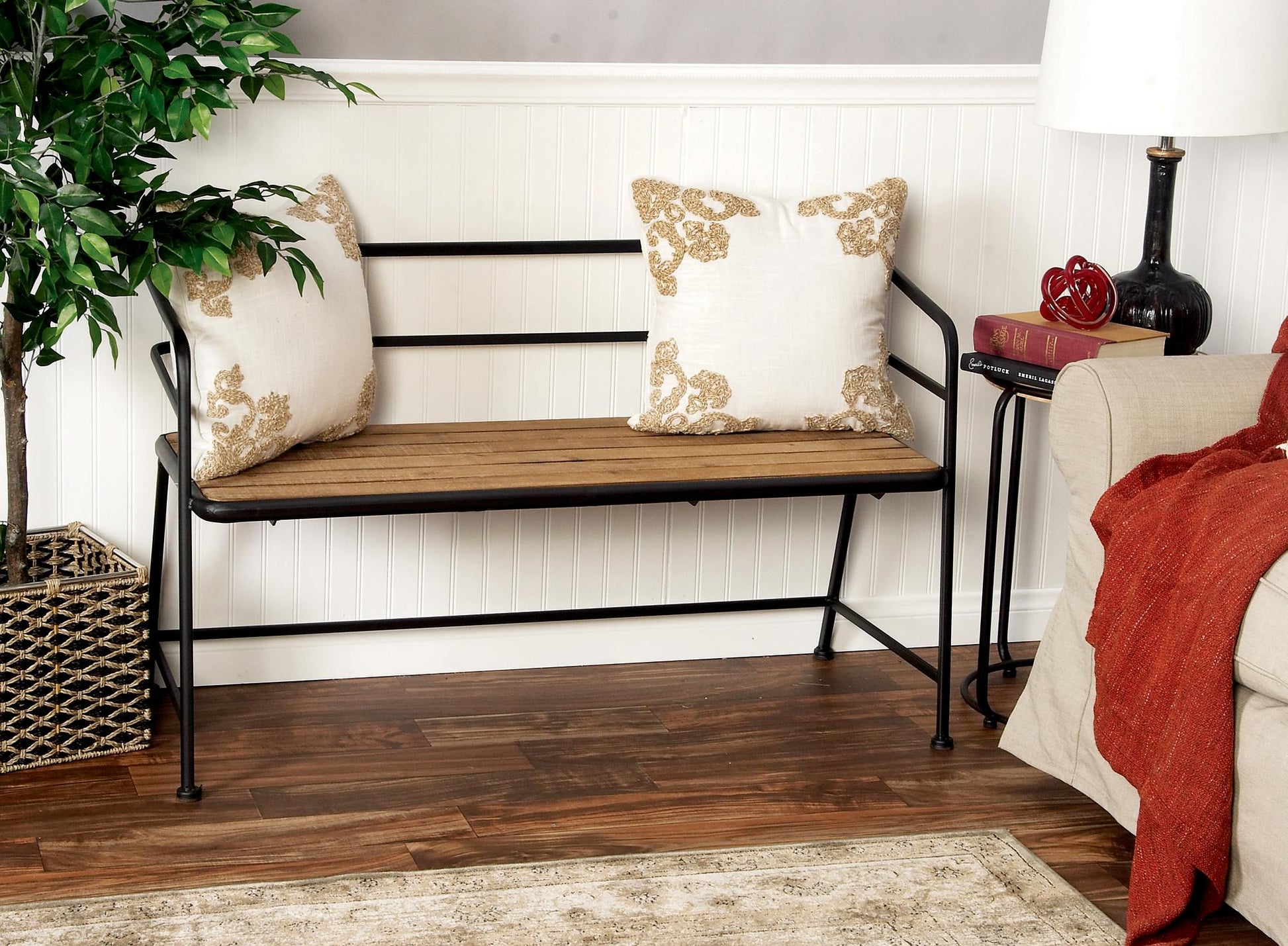 Black Metal Home Bench with Brown Wood Seat