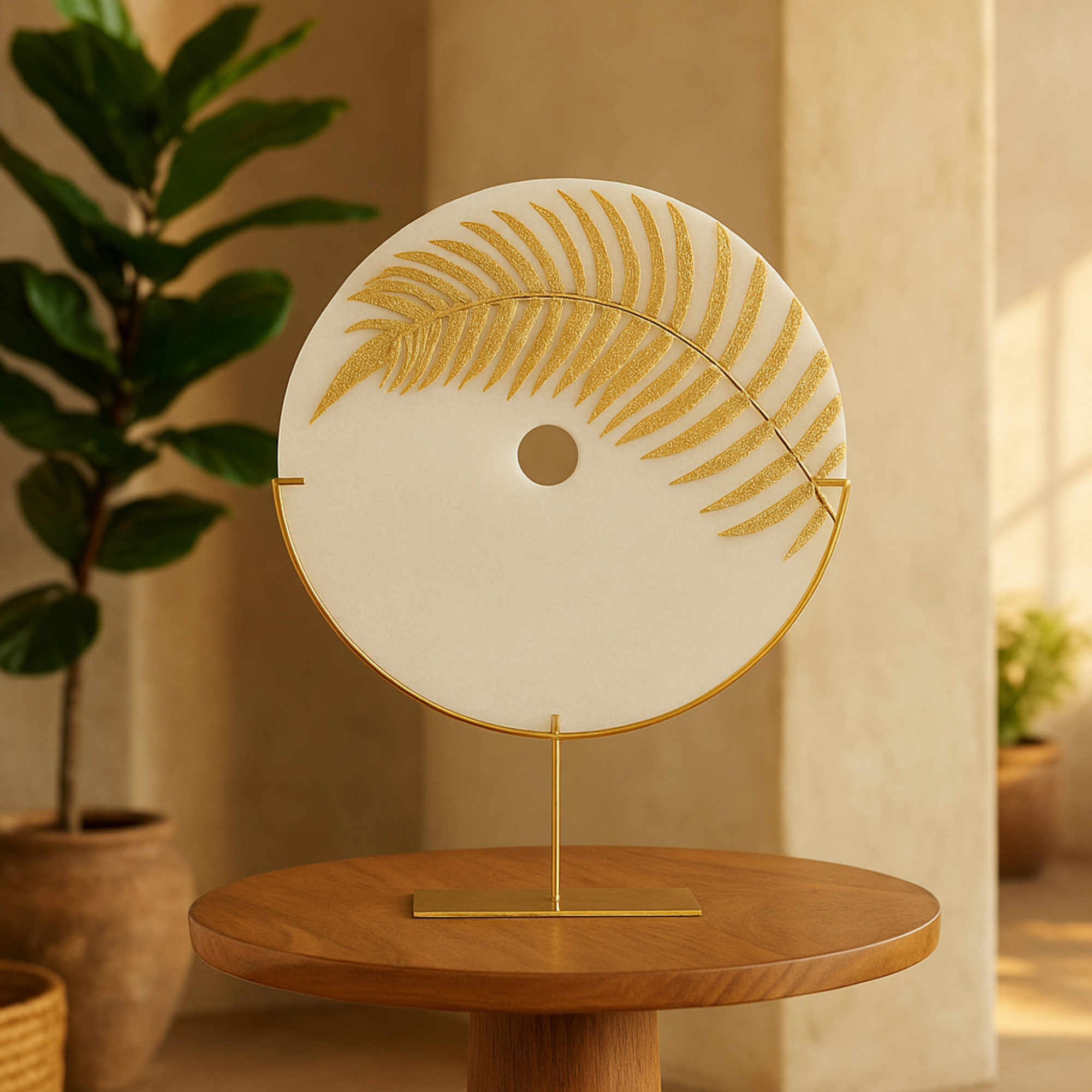 Leaf White Polystone Cutout Round Disk Decorative Sculpture with Gold Stand