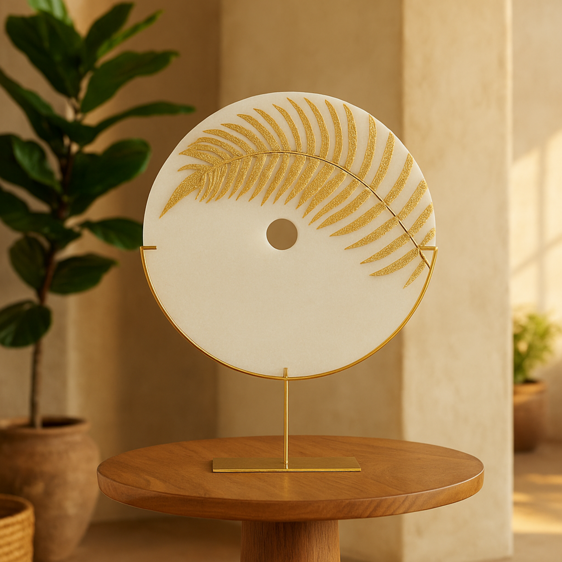 Leaf White Polystone Cutout Round Disk Decorative Sculpture with Gold Stand