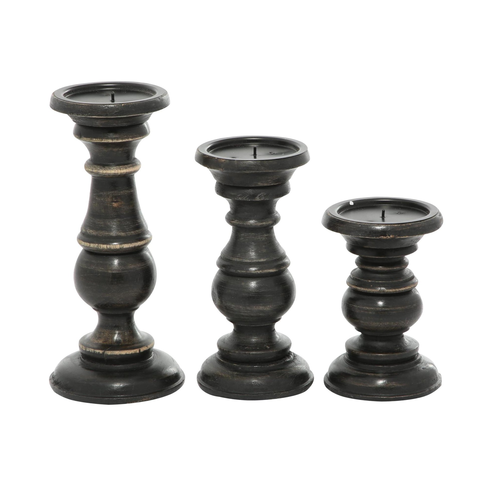 Set of 3 Mango Wood Distressed Turned Pillar Decorative Candle Holder