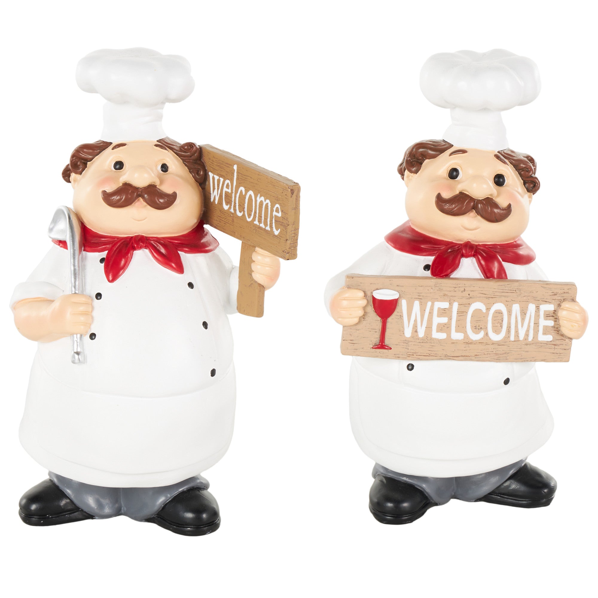 Set of 2 Chef White Polystone Kitchen Decorative Figurine Decorative Sculpture with Welcome Signs