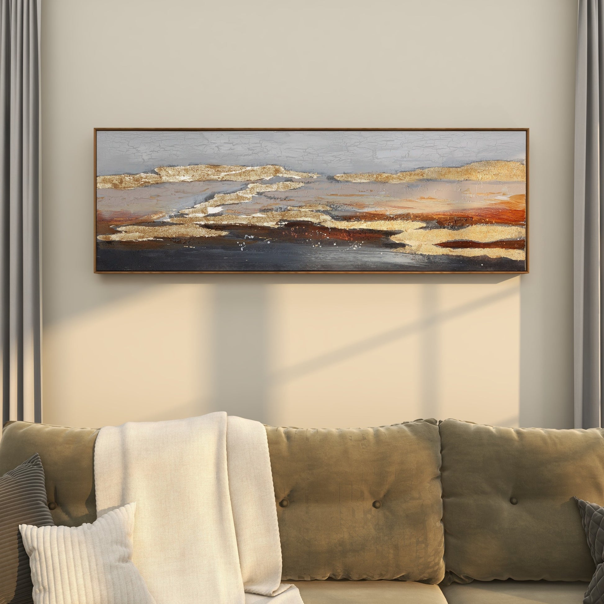 Geode Gold Canvas Foiled and Brushstrokes Living Room Framed Wall Art with Gold Frame