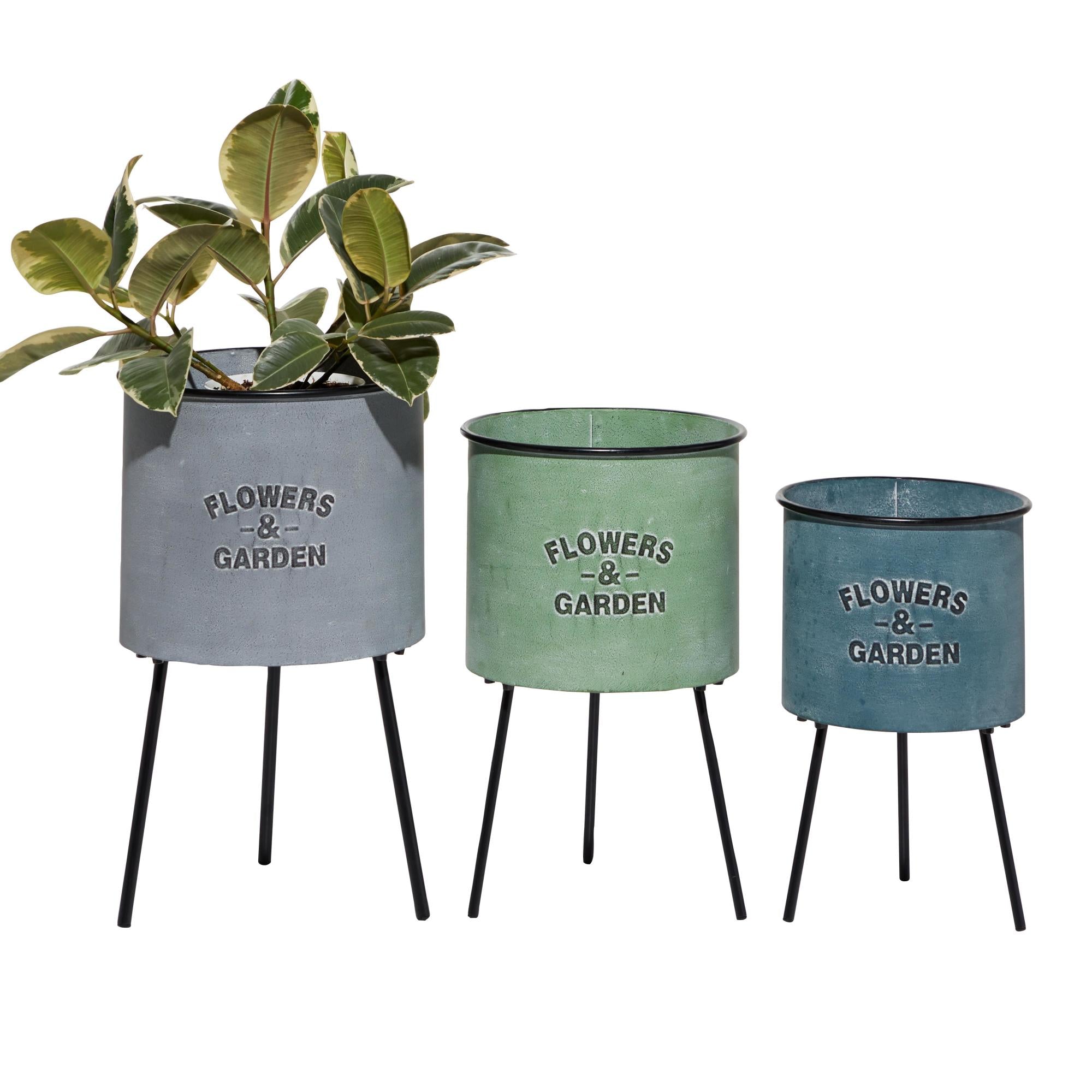Set of 3 Text Blue Metal Indoor Outdoor Planter with Flowers And Garden Text and Black Tripod Legs