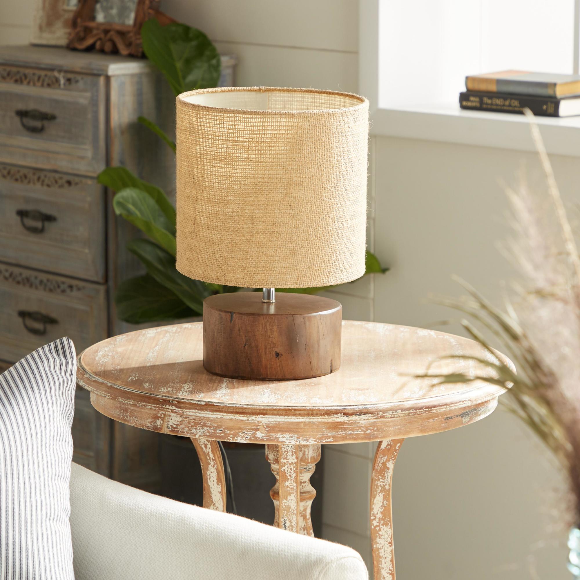 Dark Brown Wood Room Table Lamp with Jute Shade