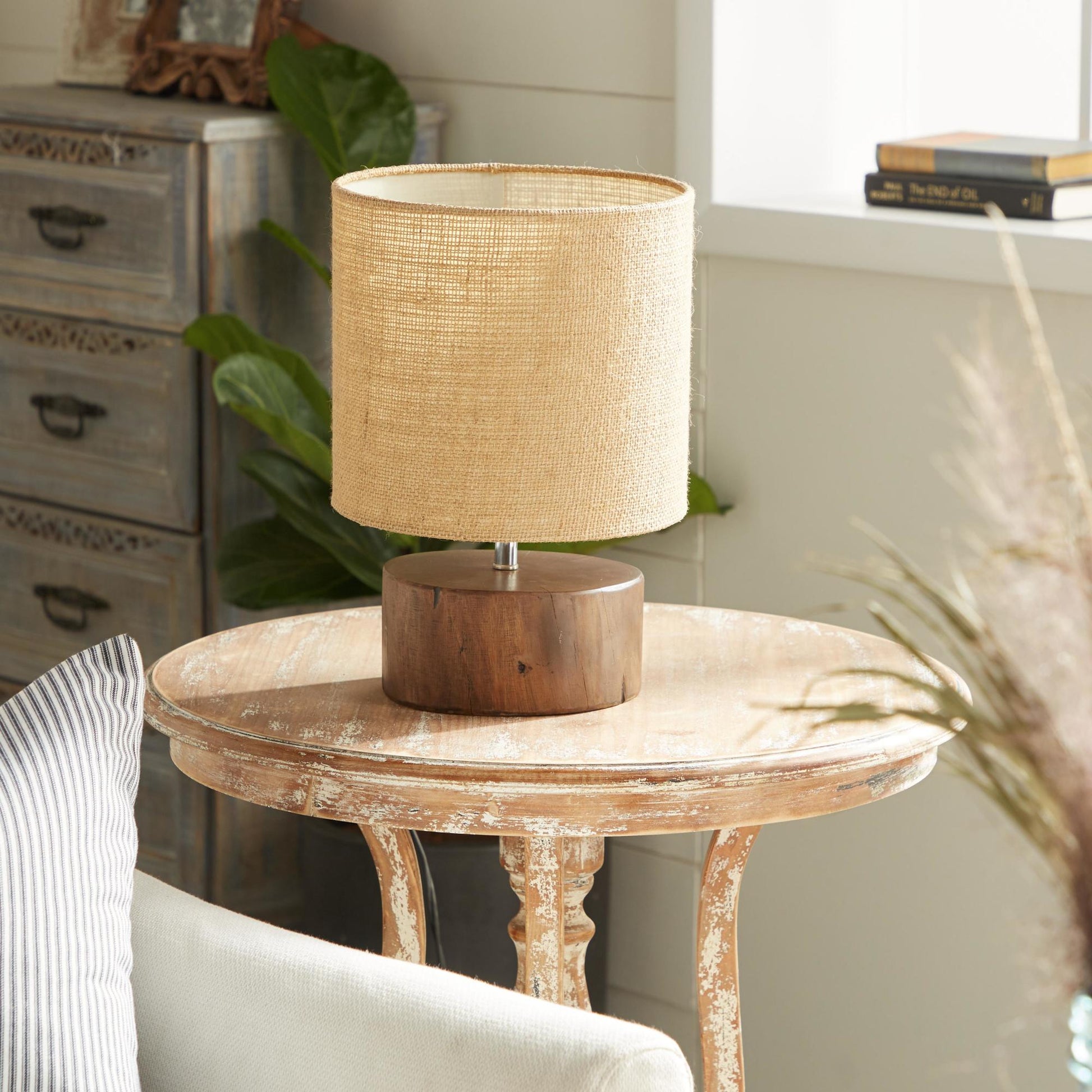 Dark Brown Wood Room Table Lamp with Jute Shade