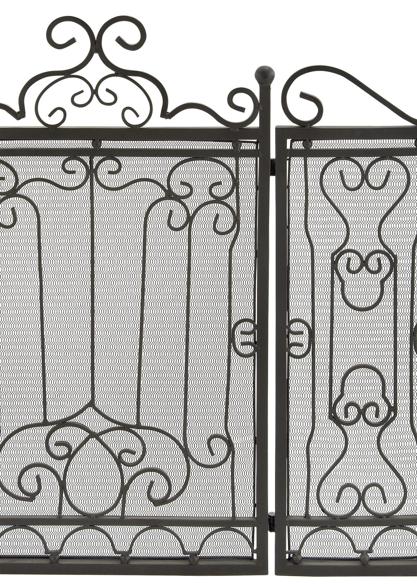 Scroll Dark Brown Metal Foldable Mesh Netting 3 Panel Living Room Fireplace Screen
