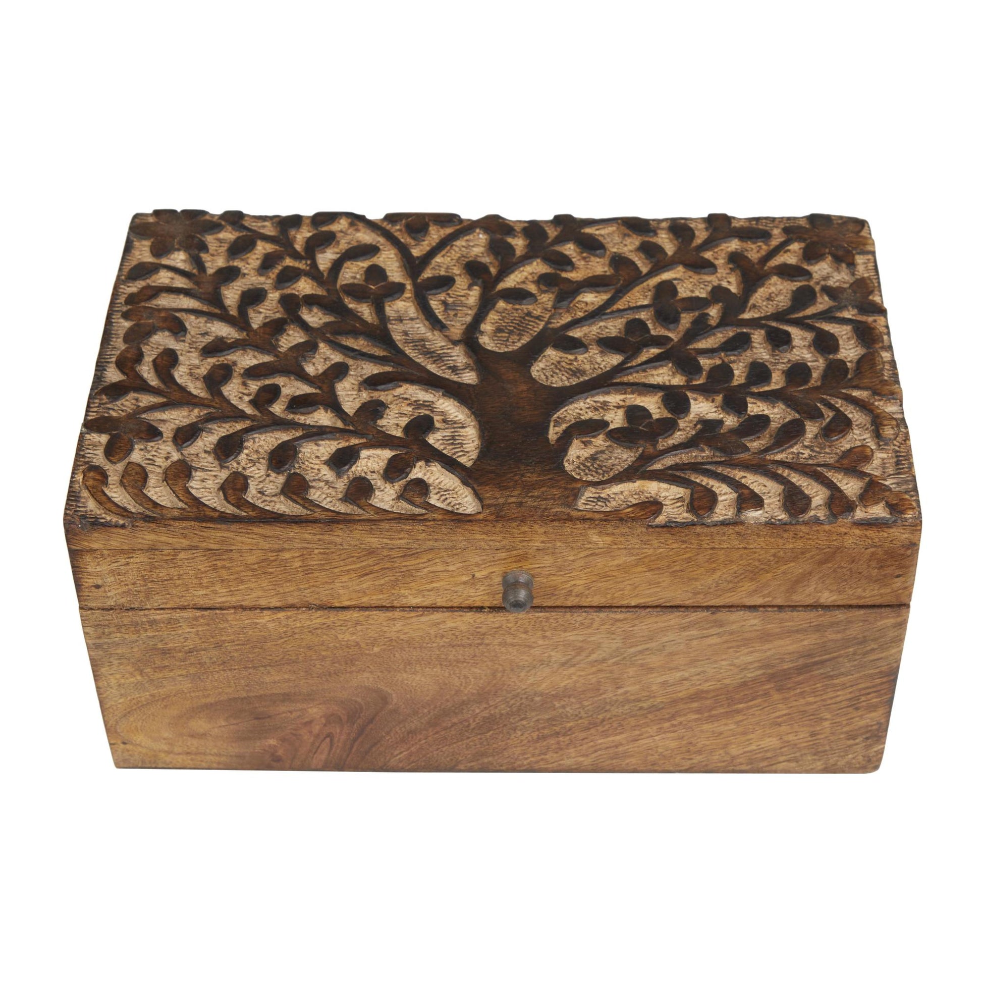 Set of 3 Floral Brown Mango Wood Handmade Decorative Box with Hinged Lid