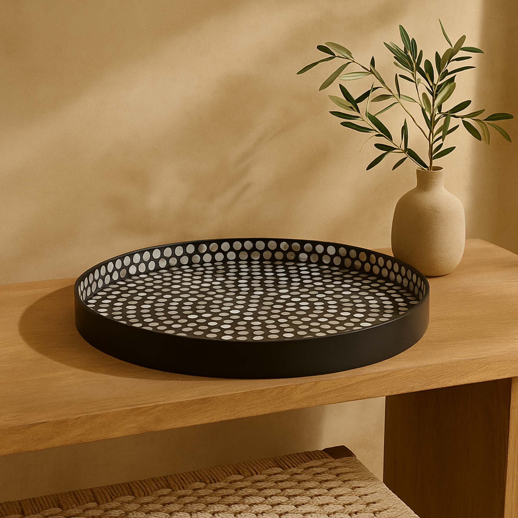 Nautical Black Mother of Pearl Shell Handmade Living Room Decor Tray with Slot Handles