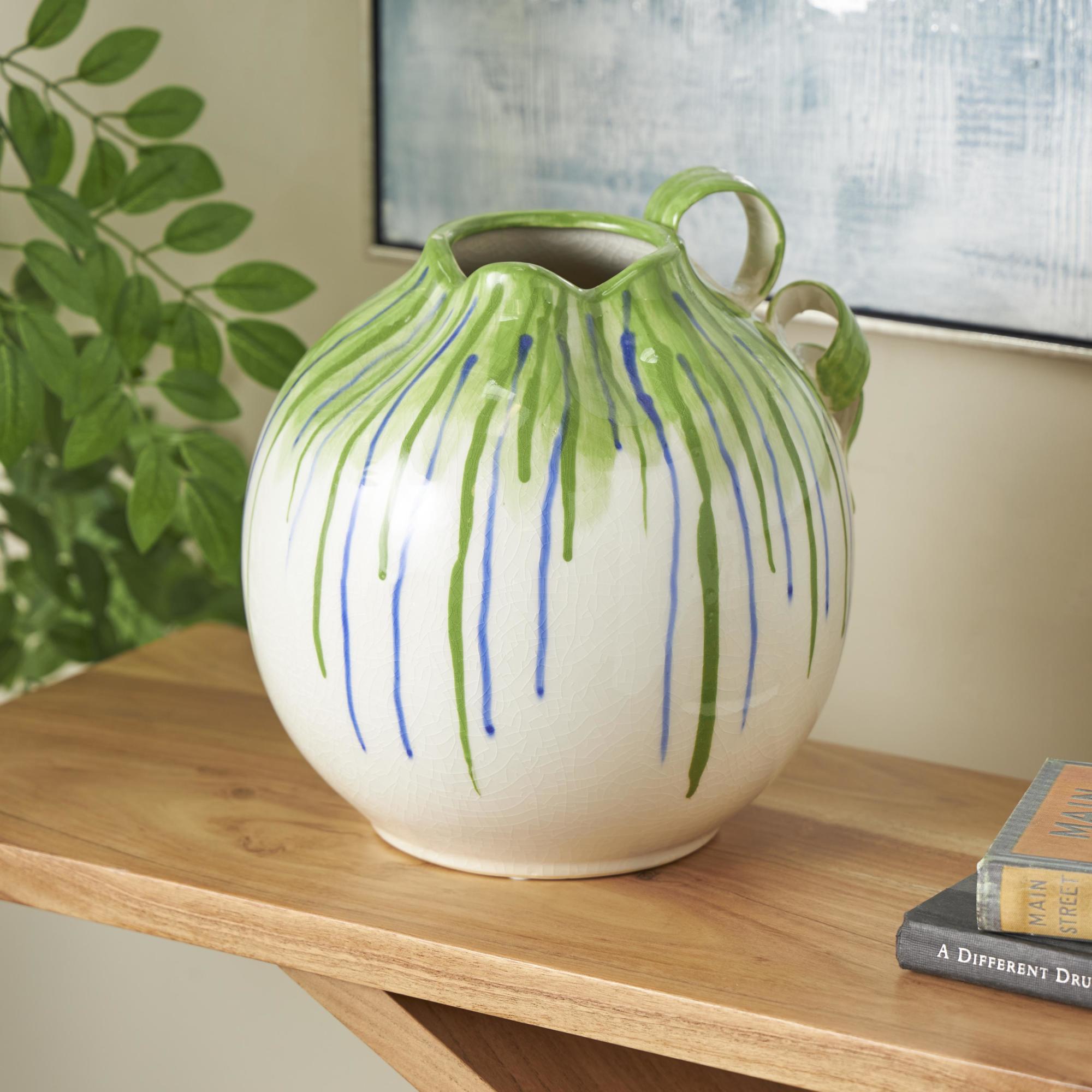 Abstract White Ceramic Decorative Vase with Green and Blue Drip Design and Handles