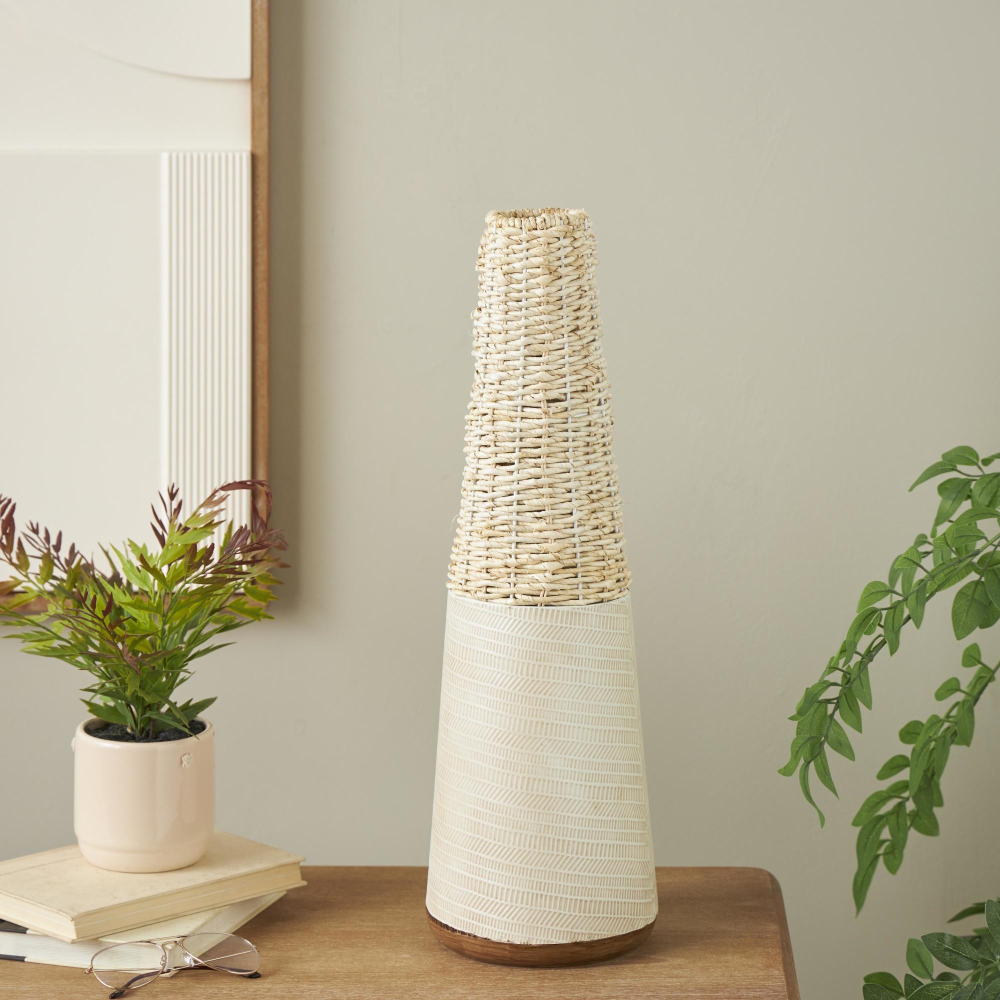 Geometric Light Brown Rattan Handmade Woven Decorative Vase with Beige Metal Base