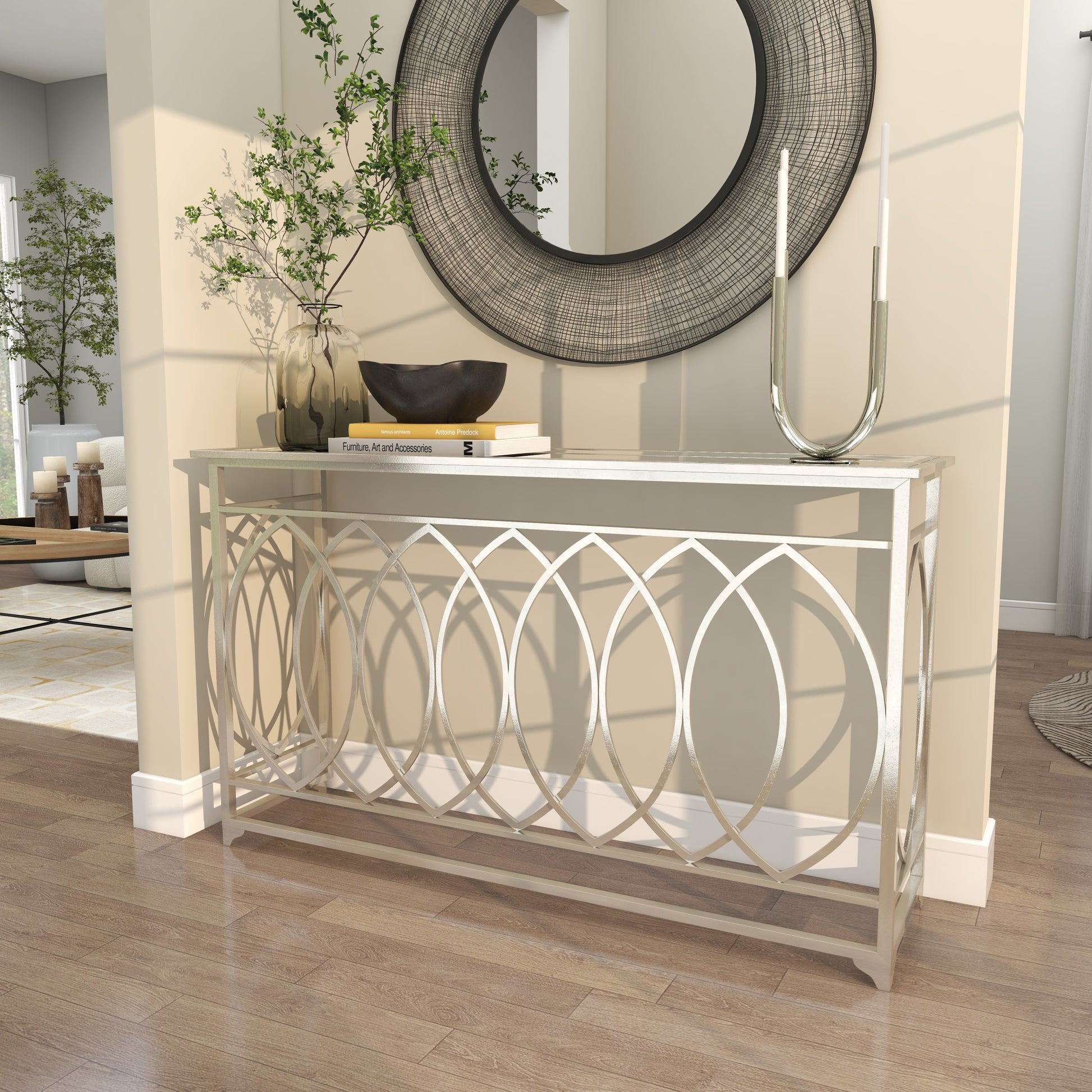 Geometric Silver Metal Rectangular Living Room Console Table with Mirrored Glass Top