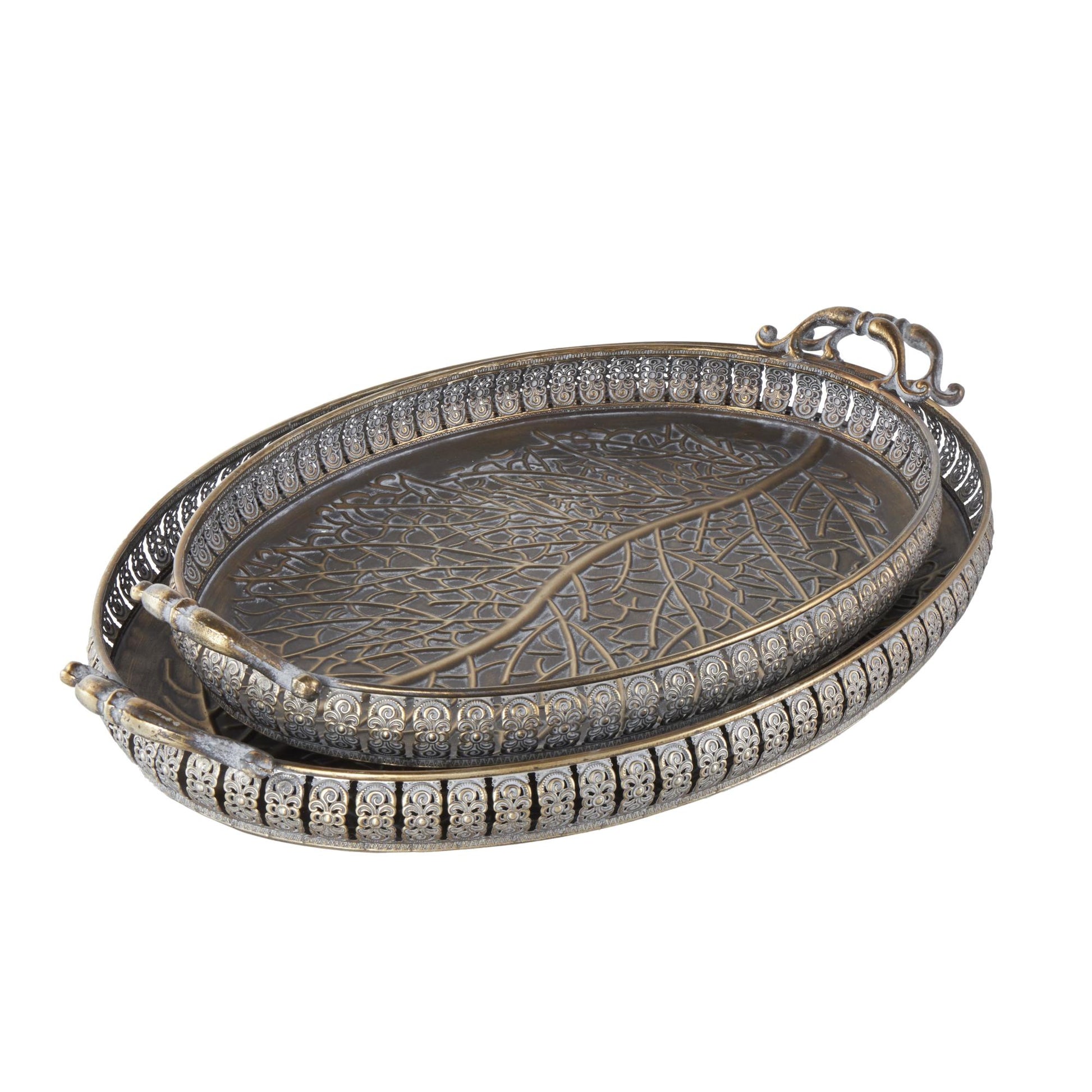 Set of 2 Scroll Brass Metal Ornate Oval Living Room Decor Tray with Tree Patterned Interior