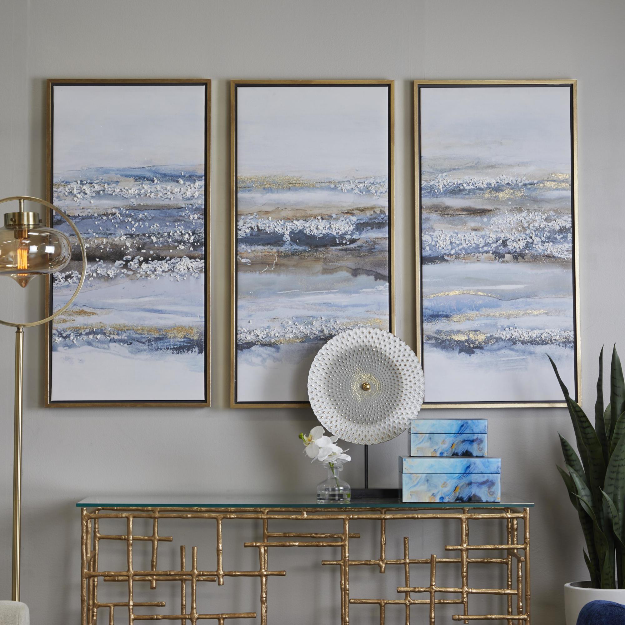Set of 3 Landscape Blue Canvas Living Room Framed Wall Art with Gold Frame