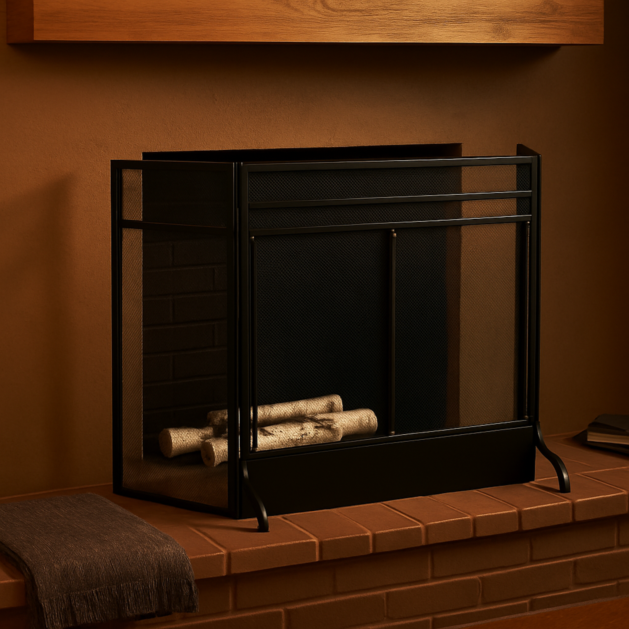Geometric Black Metal 3 Panel and 2 Door Living Room Fireplace Screen with Mesh Backing