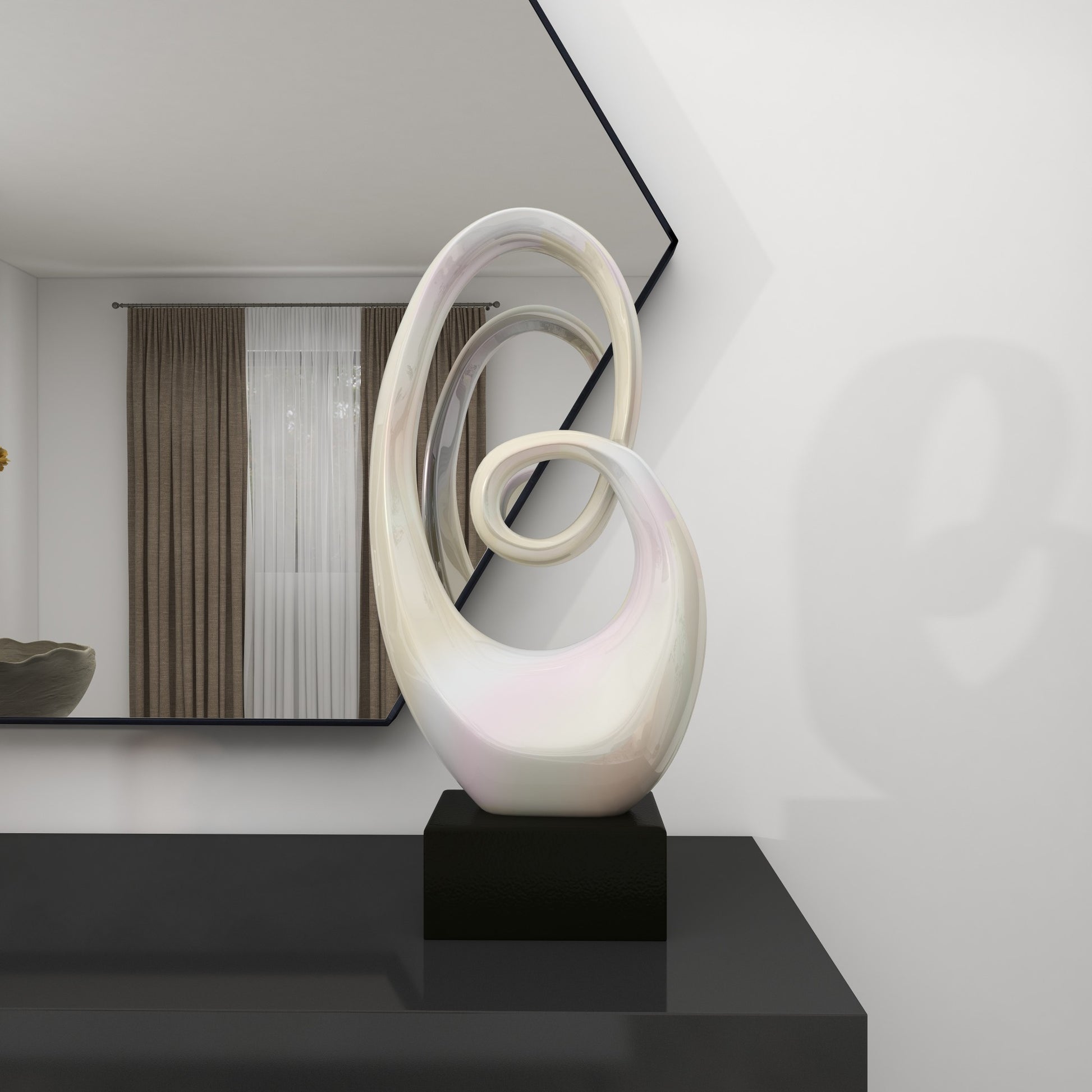 Abstract Ceramic Swirl Decorative Sculpture with Black Wooden Base