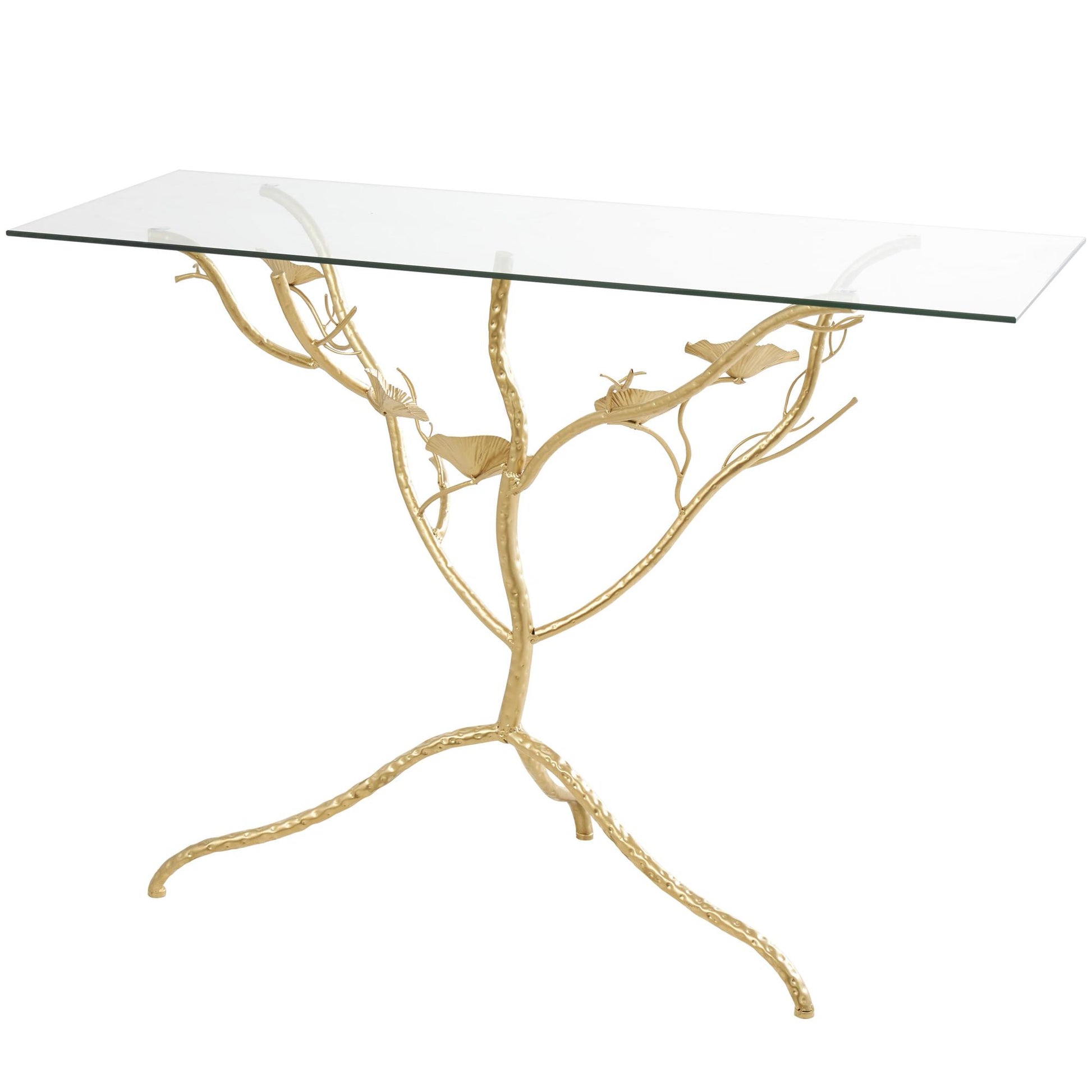 Floral Gold Metal Branch Living Room Console Table with Tempered Glass Top