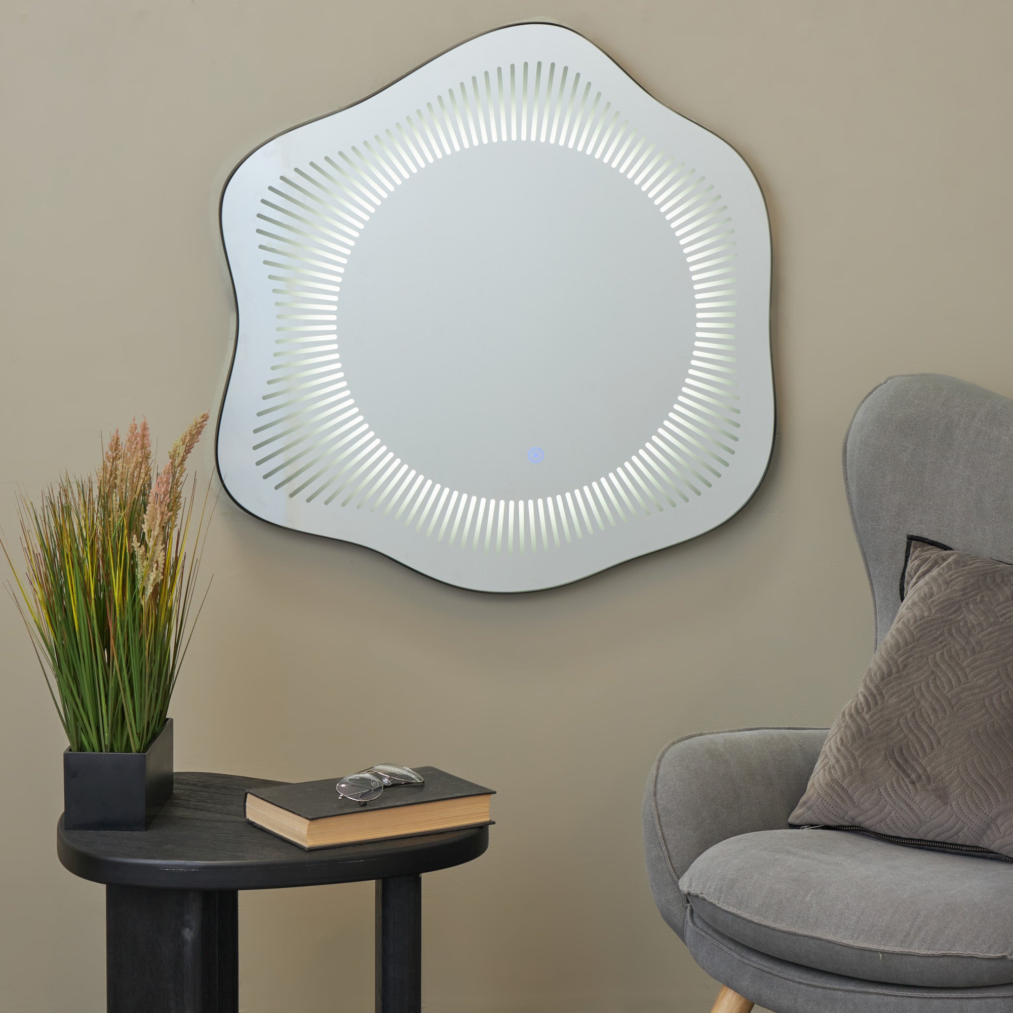 Abstract Silver Glass Wavy LED Room Wall Mirror with Radial Pattern
