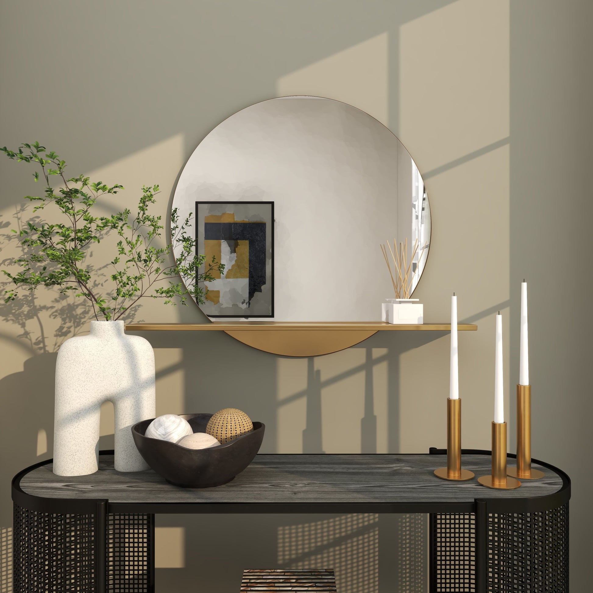 Gold Metal Round 1 Shelf Room Wall Mirror