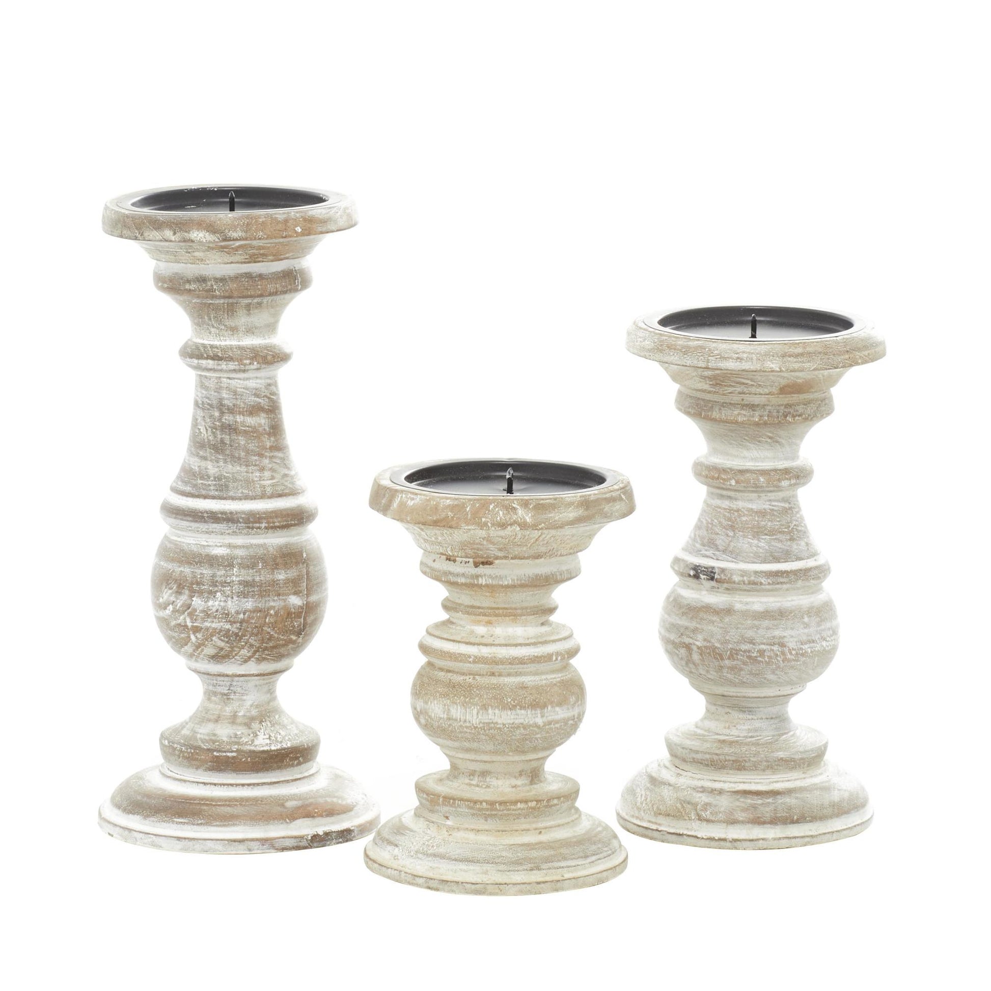 Set of 3 Mango Wood Distressed Turned Pillar Decorative Candle Holder